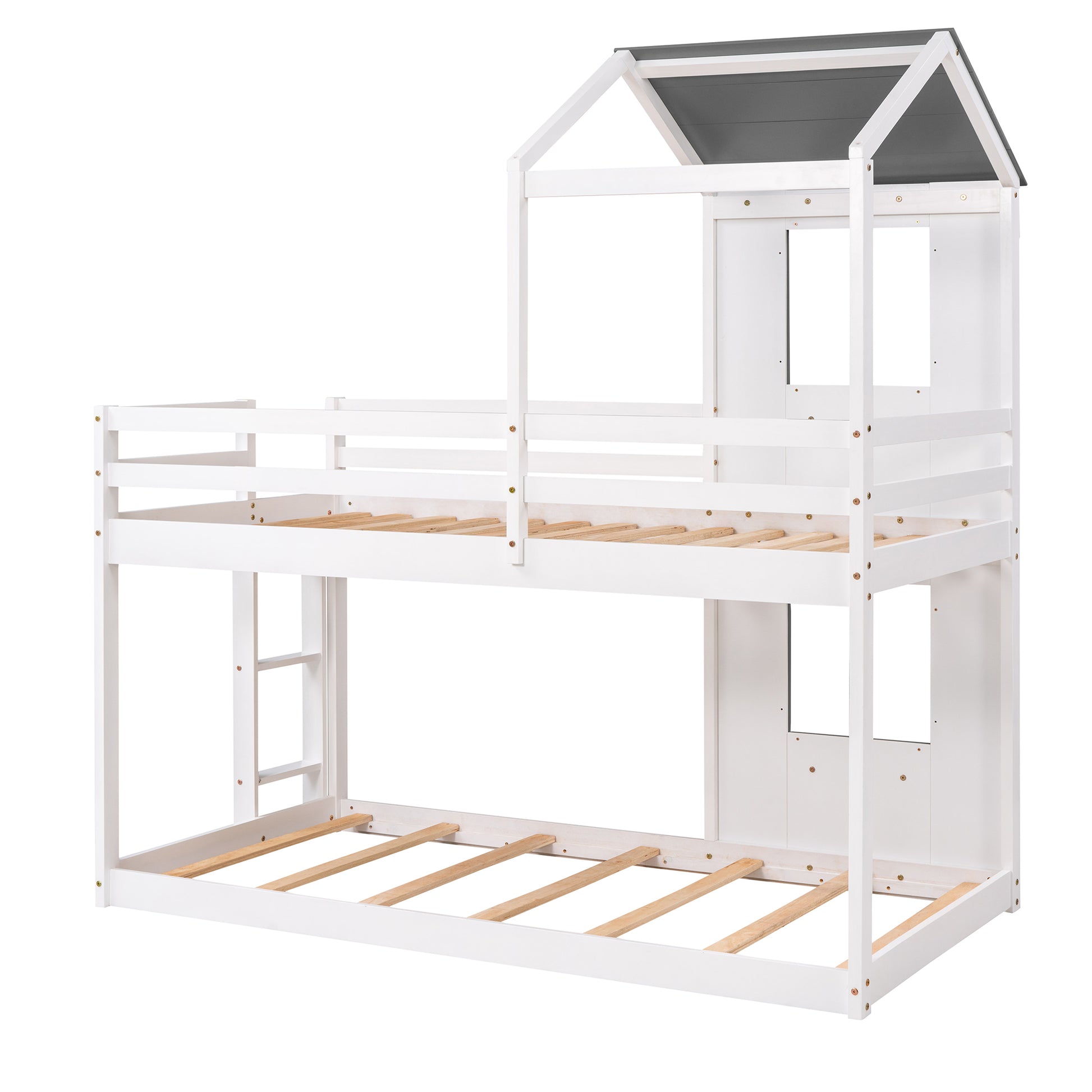White wooden bunk bed with houseshaped roof detail