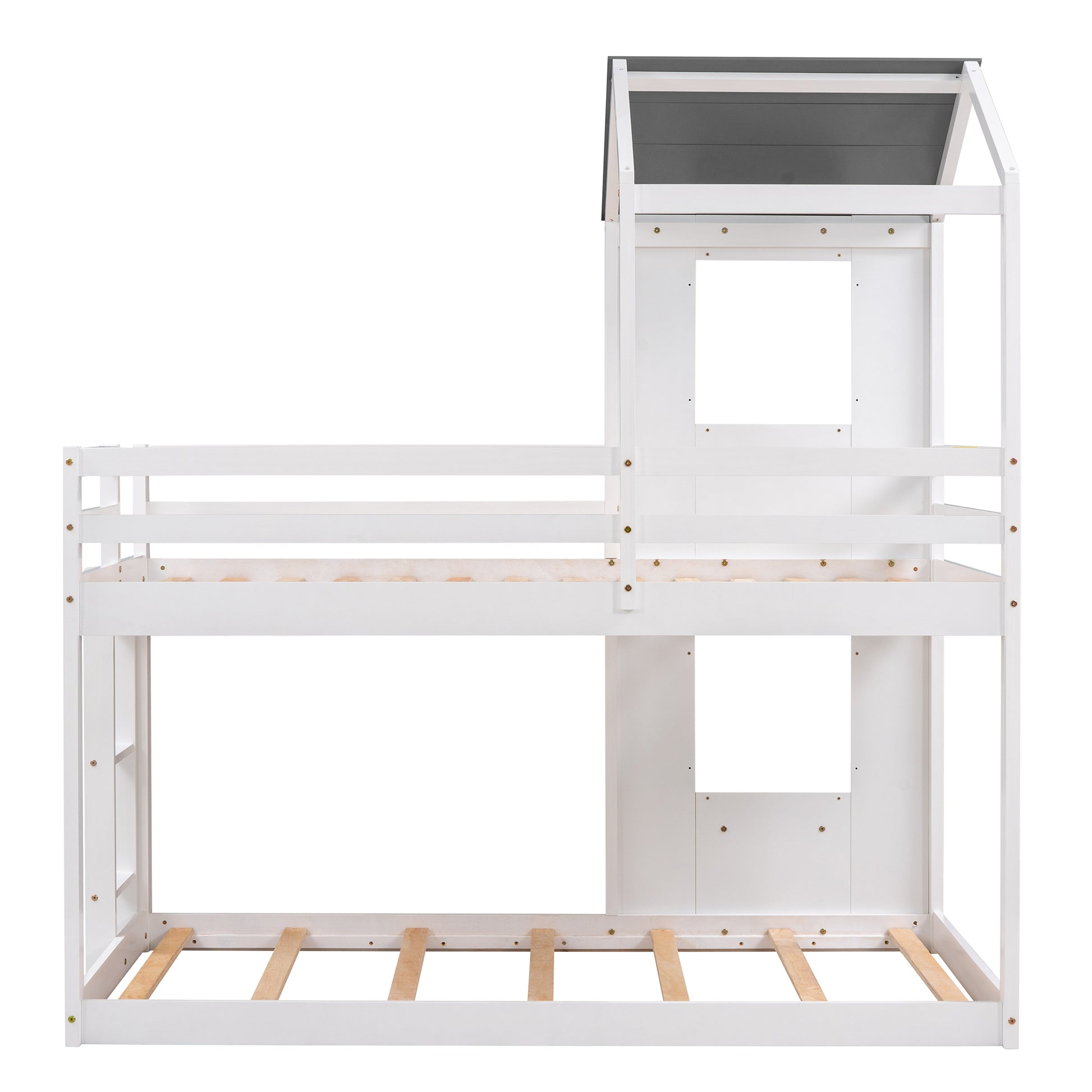 White wooden twin over twin bunk bed with houseshaped roof and cutout windows