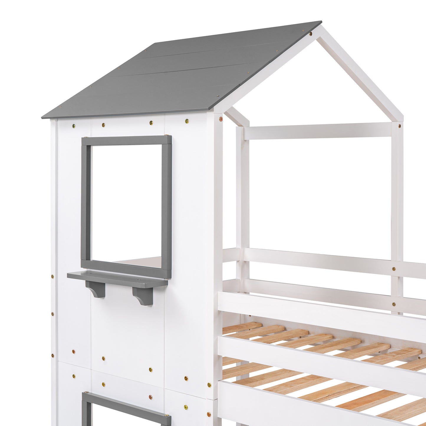 White and grey wooden bunk bed with houseshaped frame and shelf