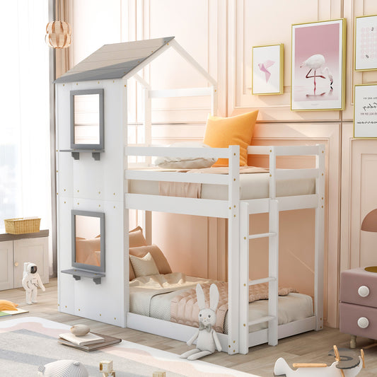 White wooden twin over twin bunk bed with houseshaped frame and grey roof