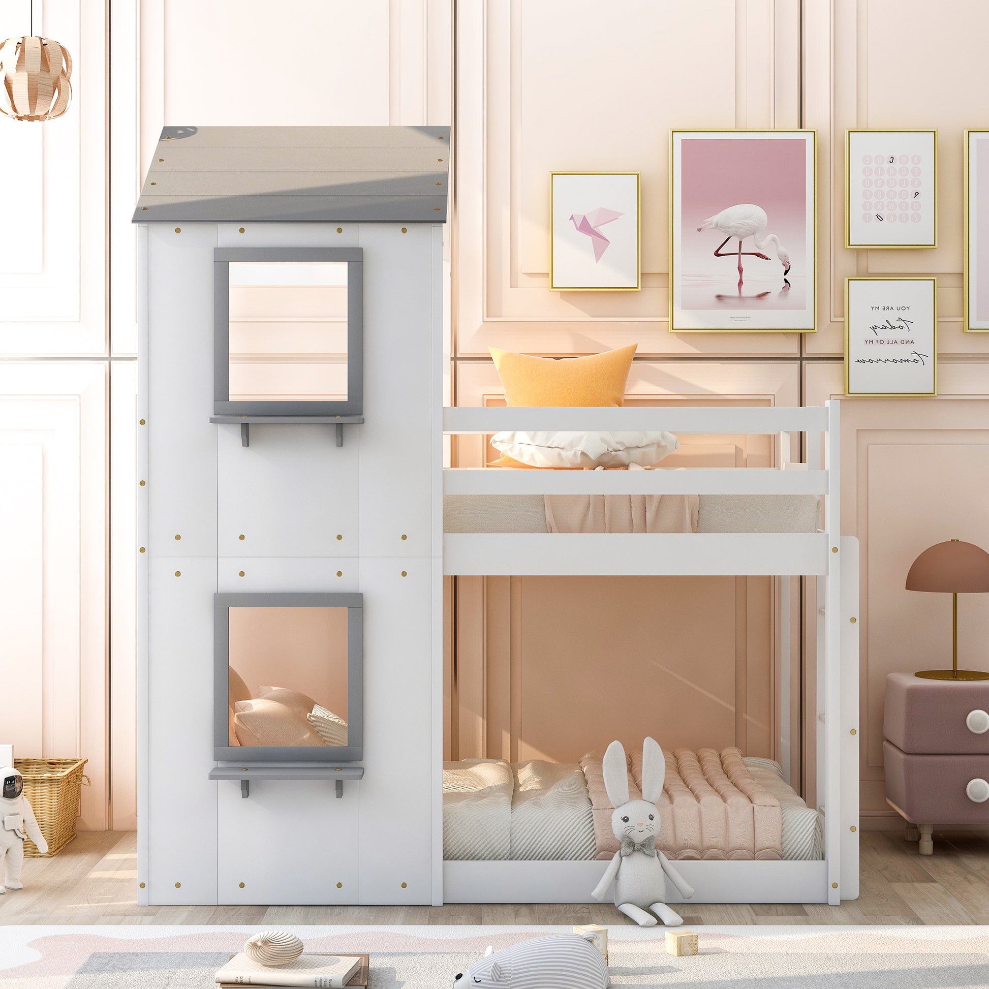 White wooden bunk bed with a houseshaped top bunk ideal for kids rooms