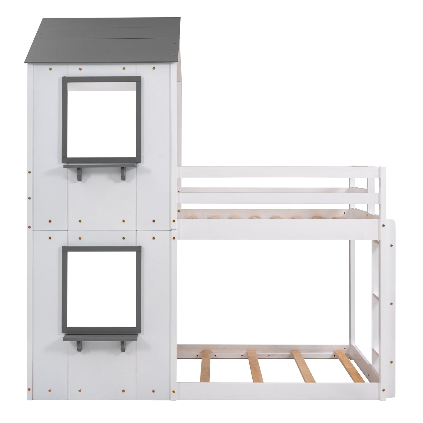 White and grey wooden twin bunk bed with houseshaped frame