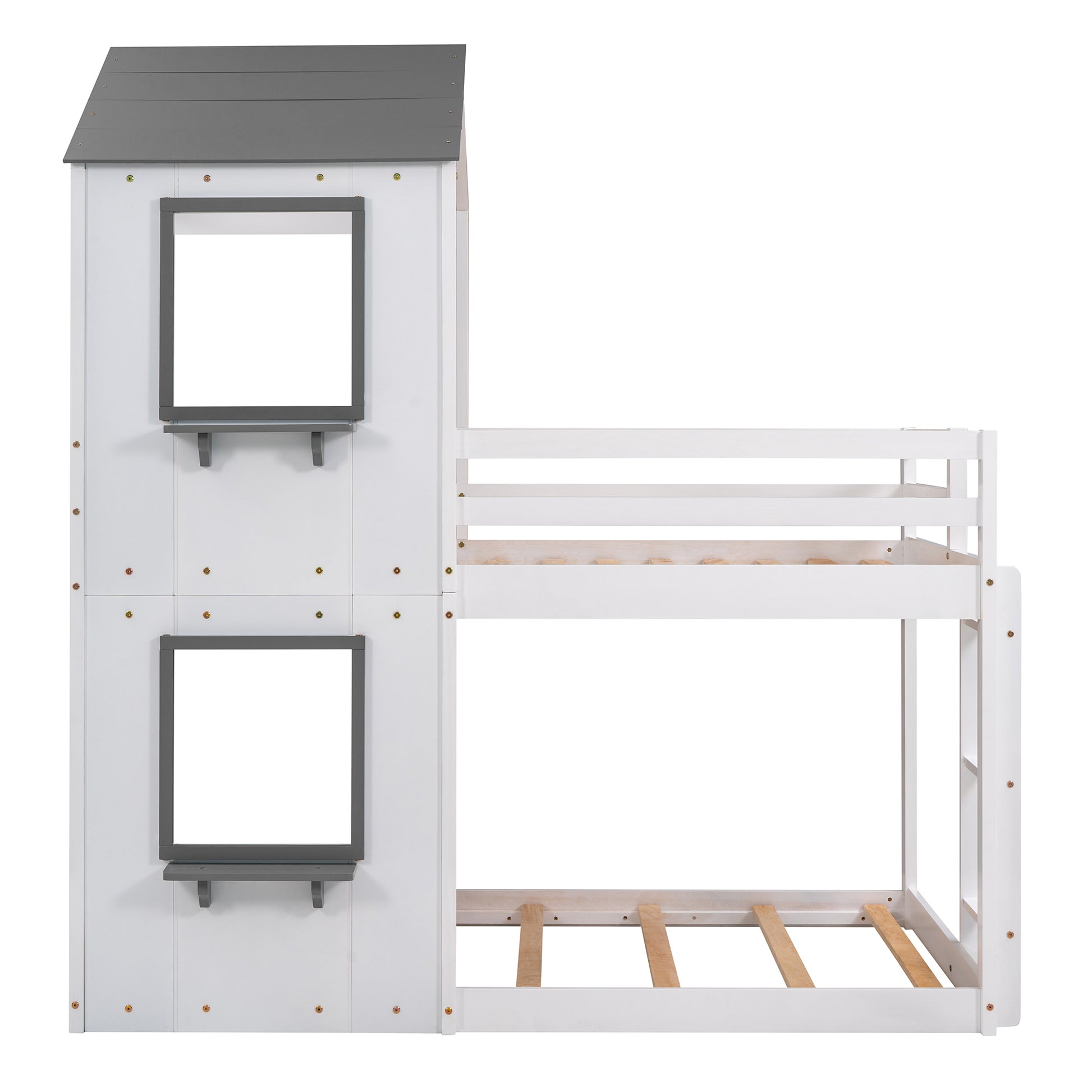 White and grey wooden twin bunk bed with houseshaped frame