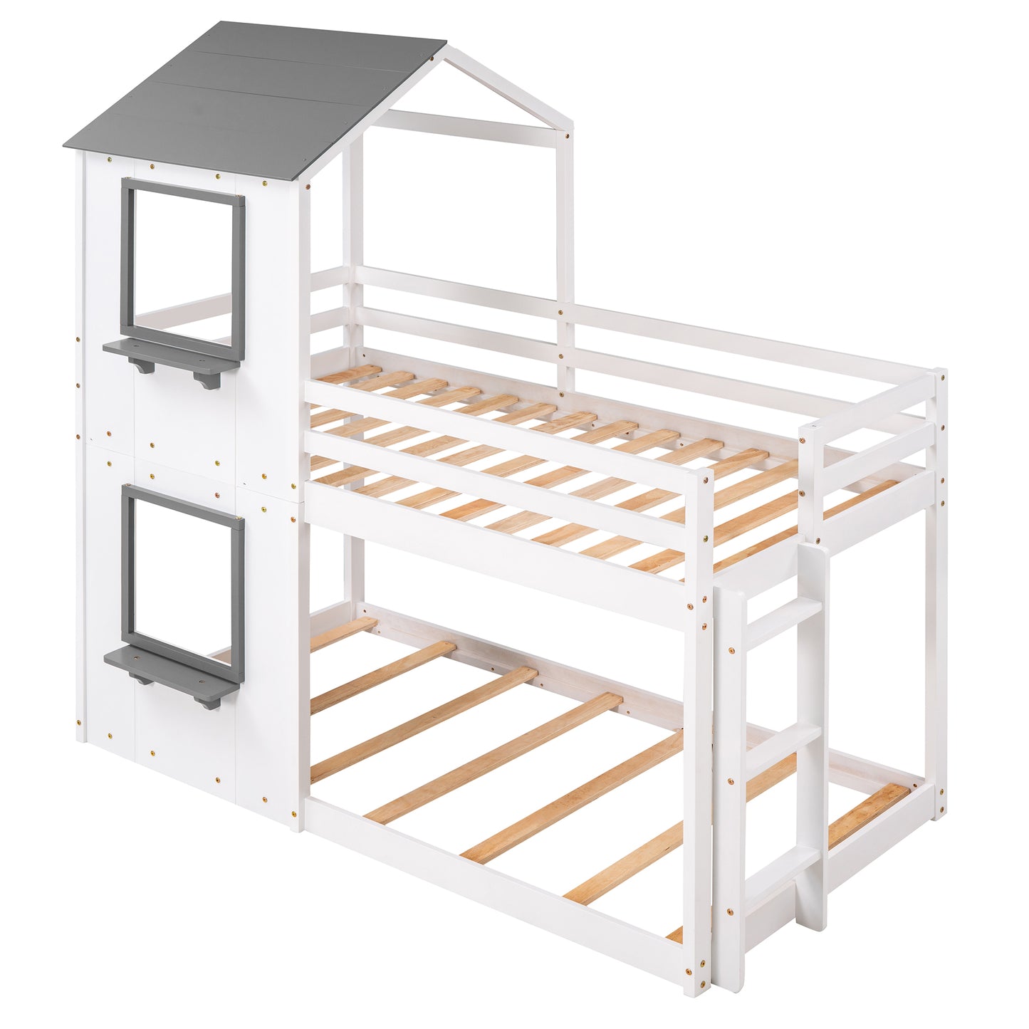 White wooden bunk bed with houseshaped frame and grey roof