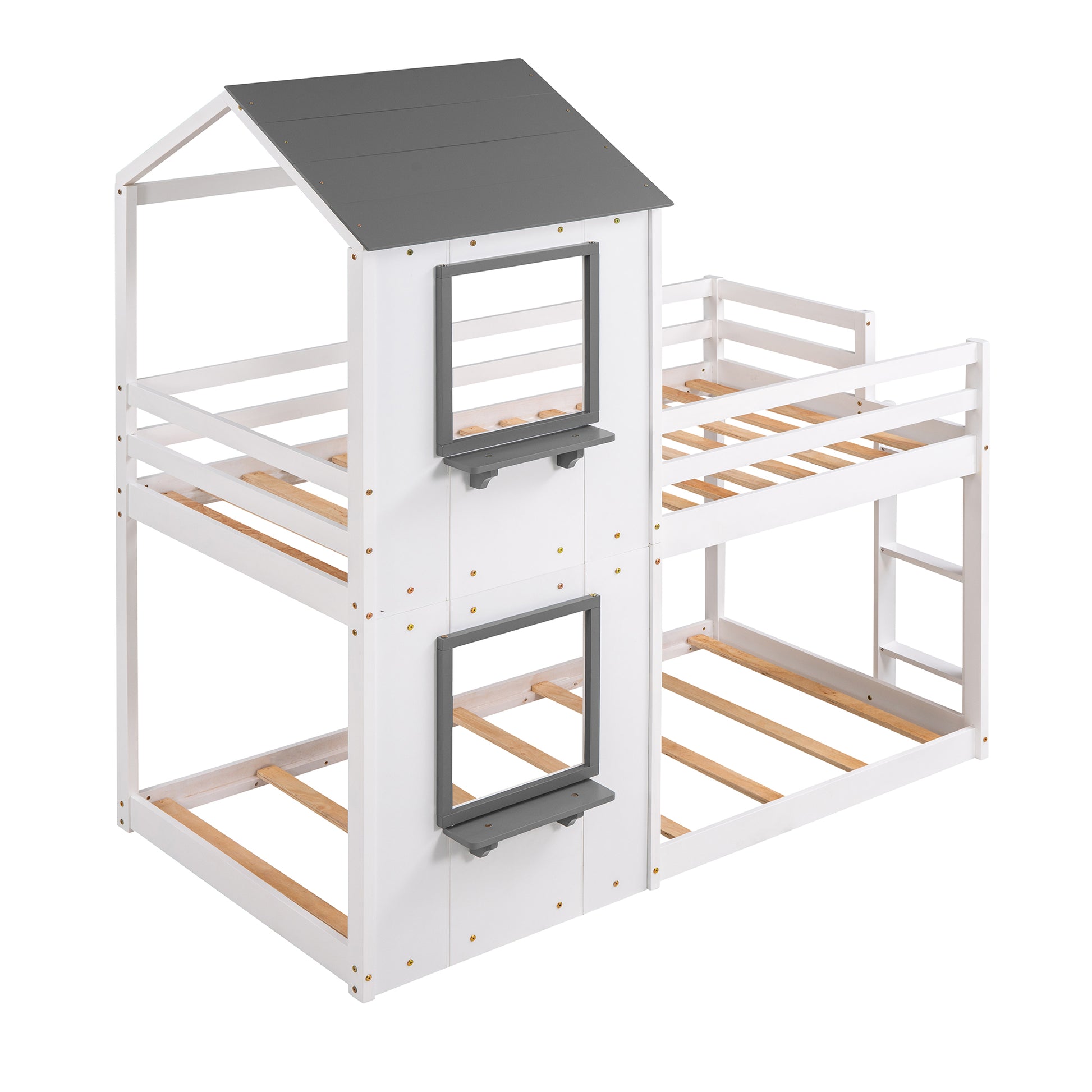 White and gray twin over twin house bunk bed