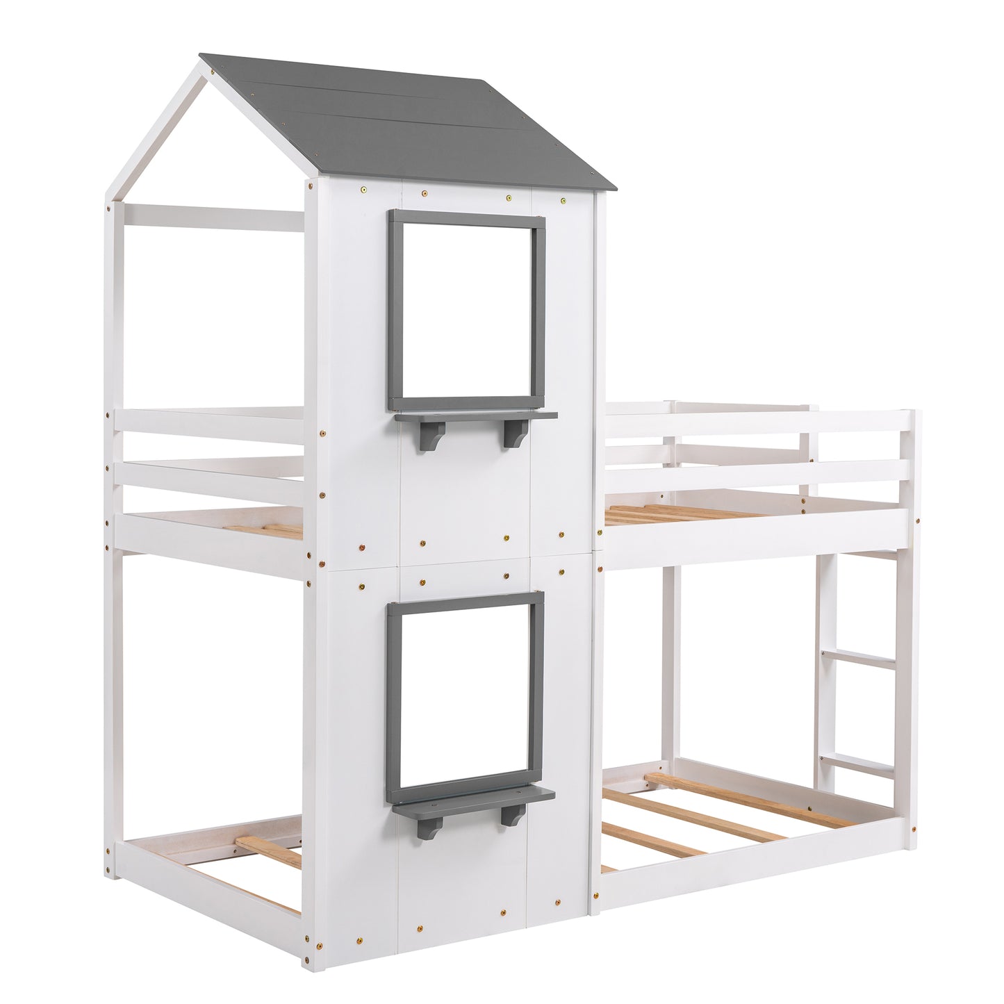 White bunk bed with grey roof and windows
