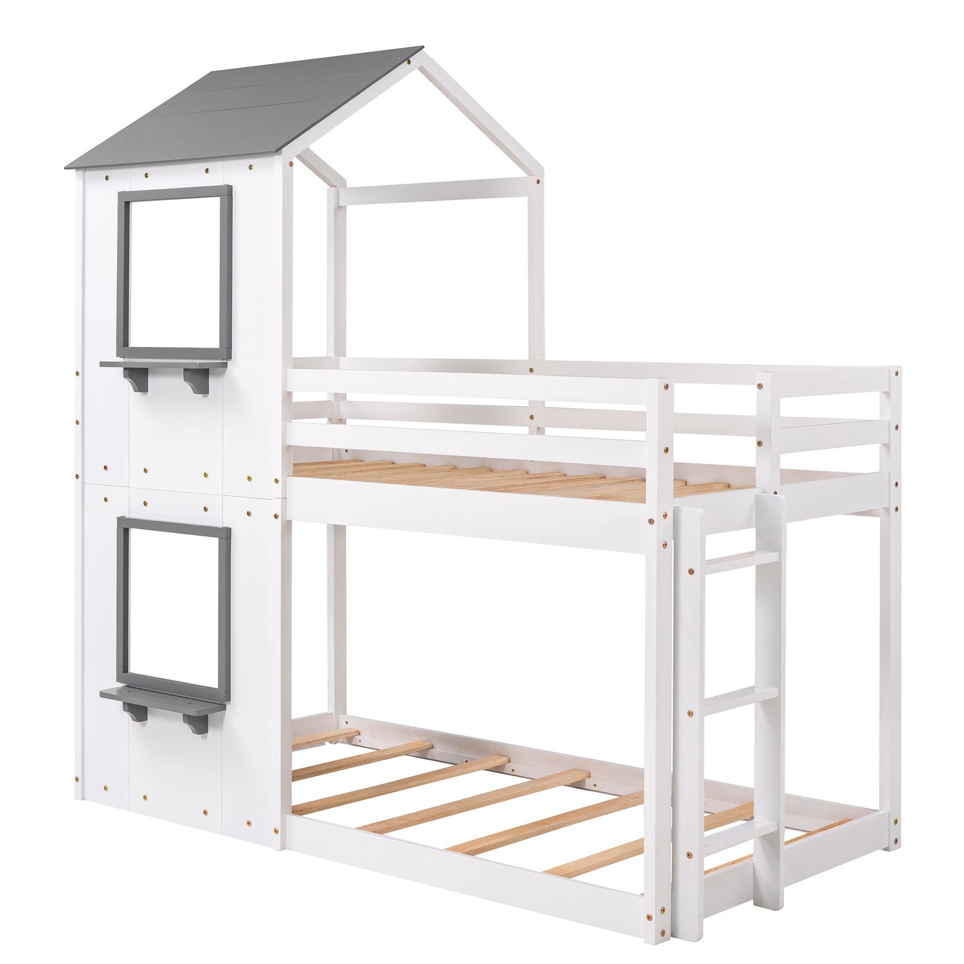 White wooden bunk bed with a houseshaped top and ladder