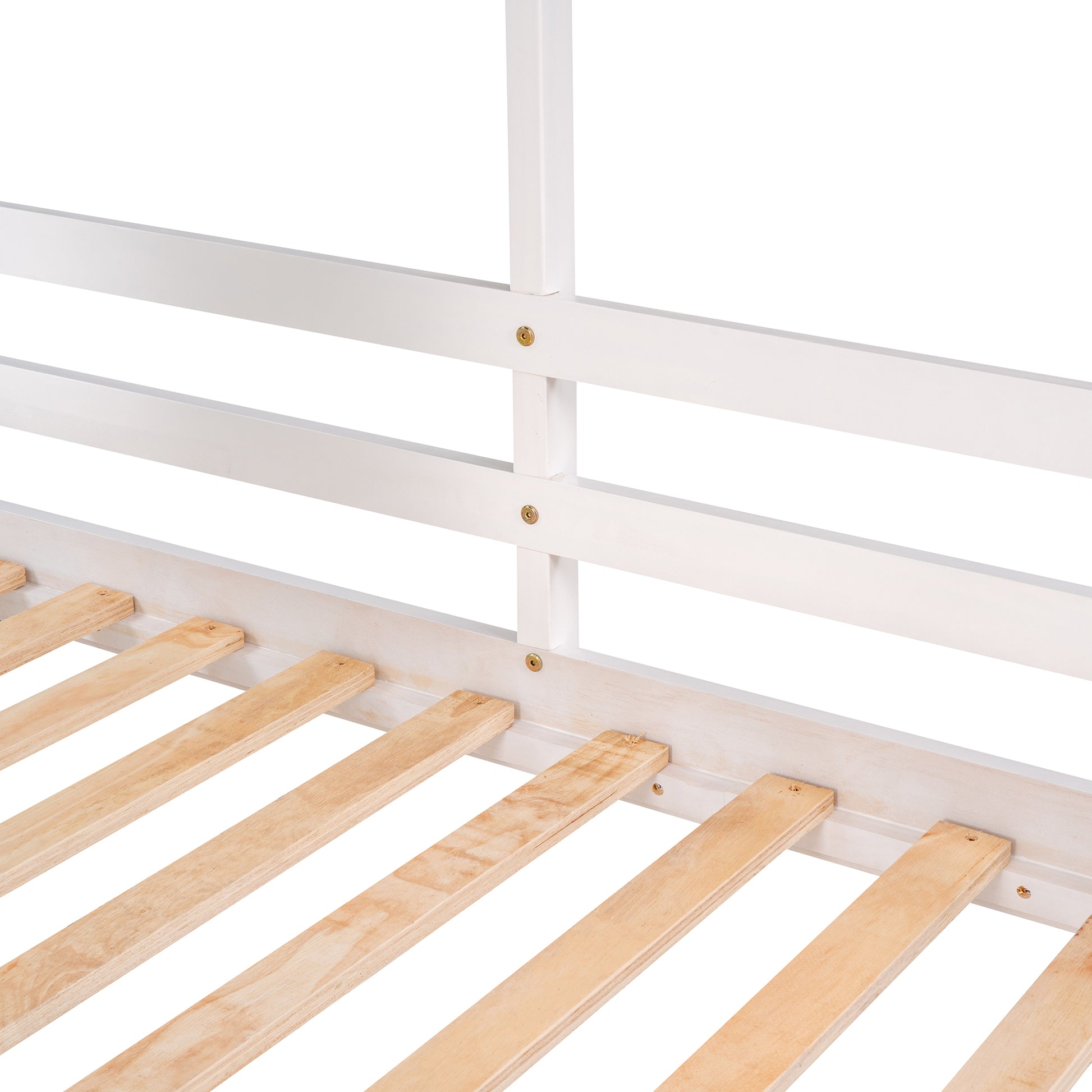 White wooden bed frame detail with natural wood slats for mattress support