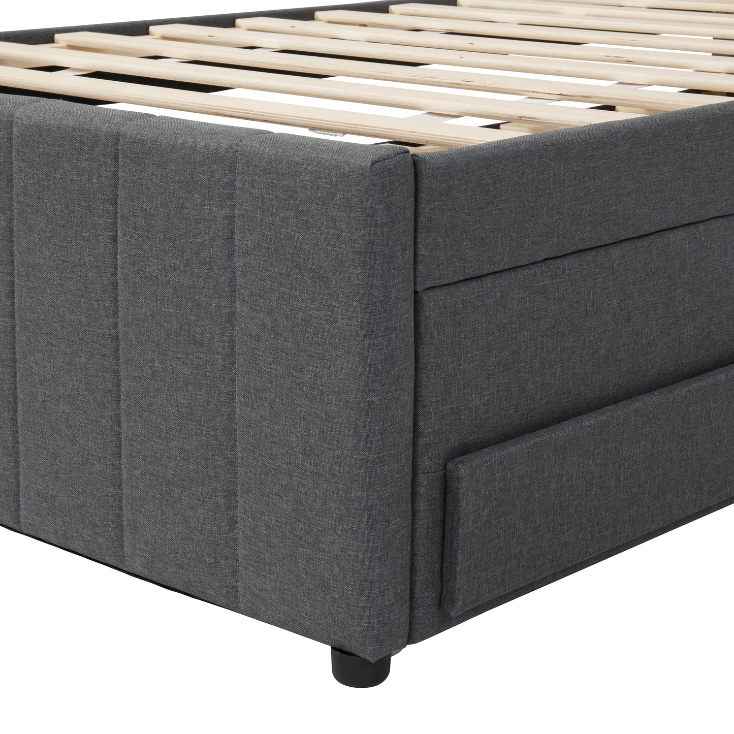 Upholstered dark grey fabric bed frame with wooden slats and integrated storage drawers