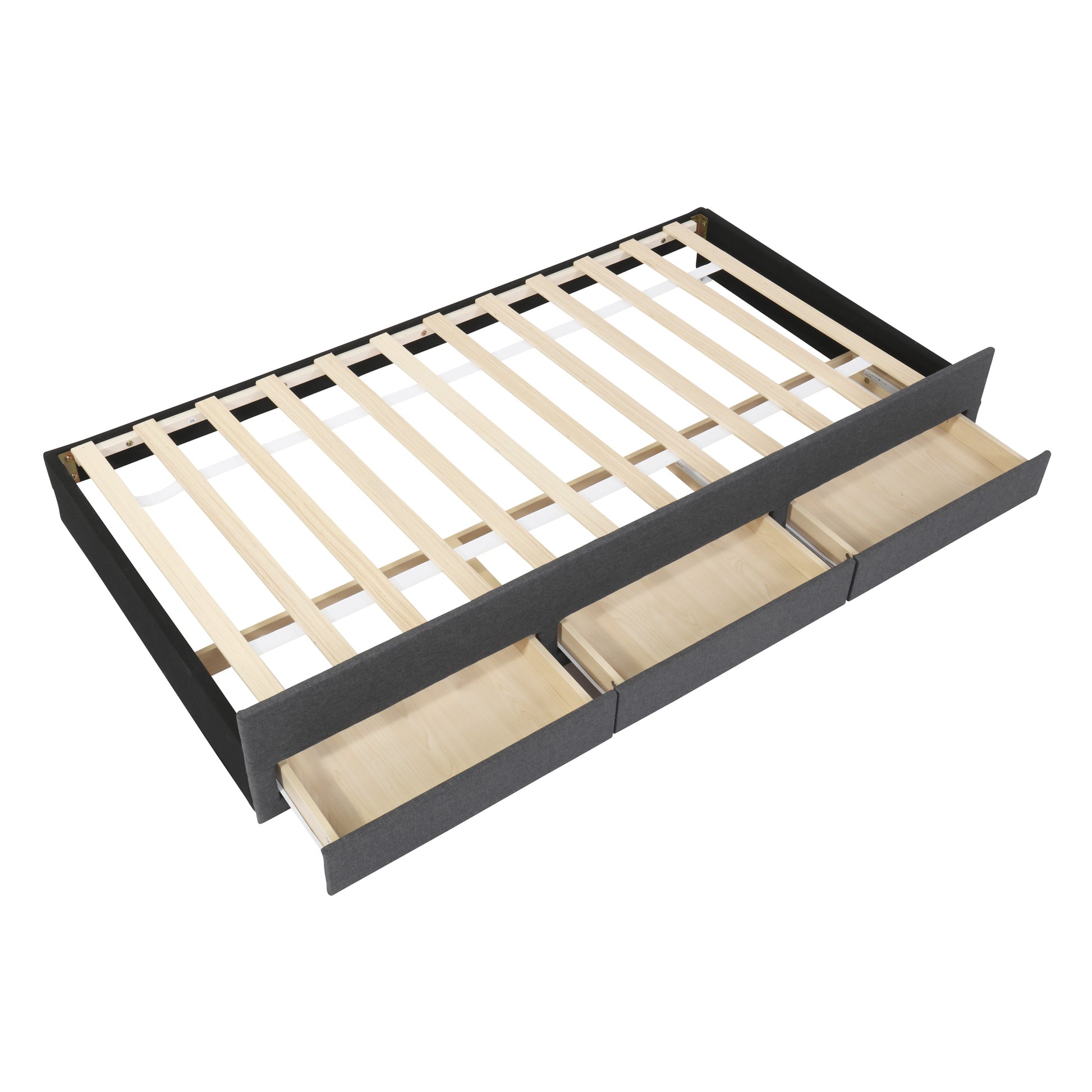 Dark gray fabric bed frame with three open storage drawers and wooden slats