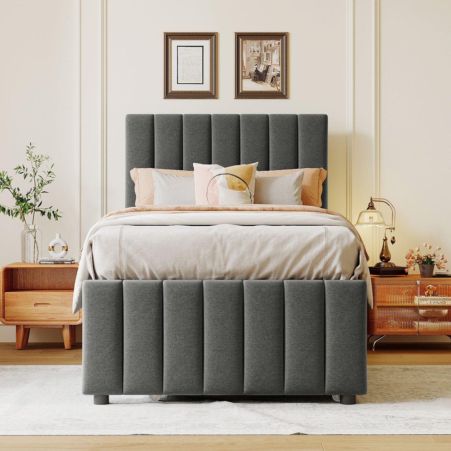 Dark gray upholstered platform bed frame with vertical channel tufting
