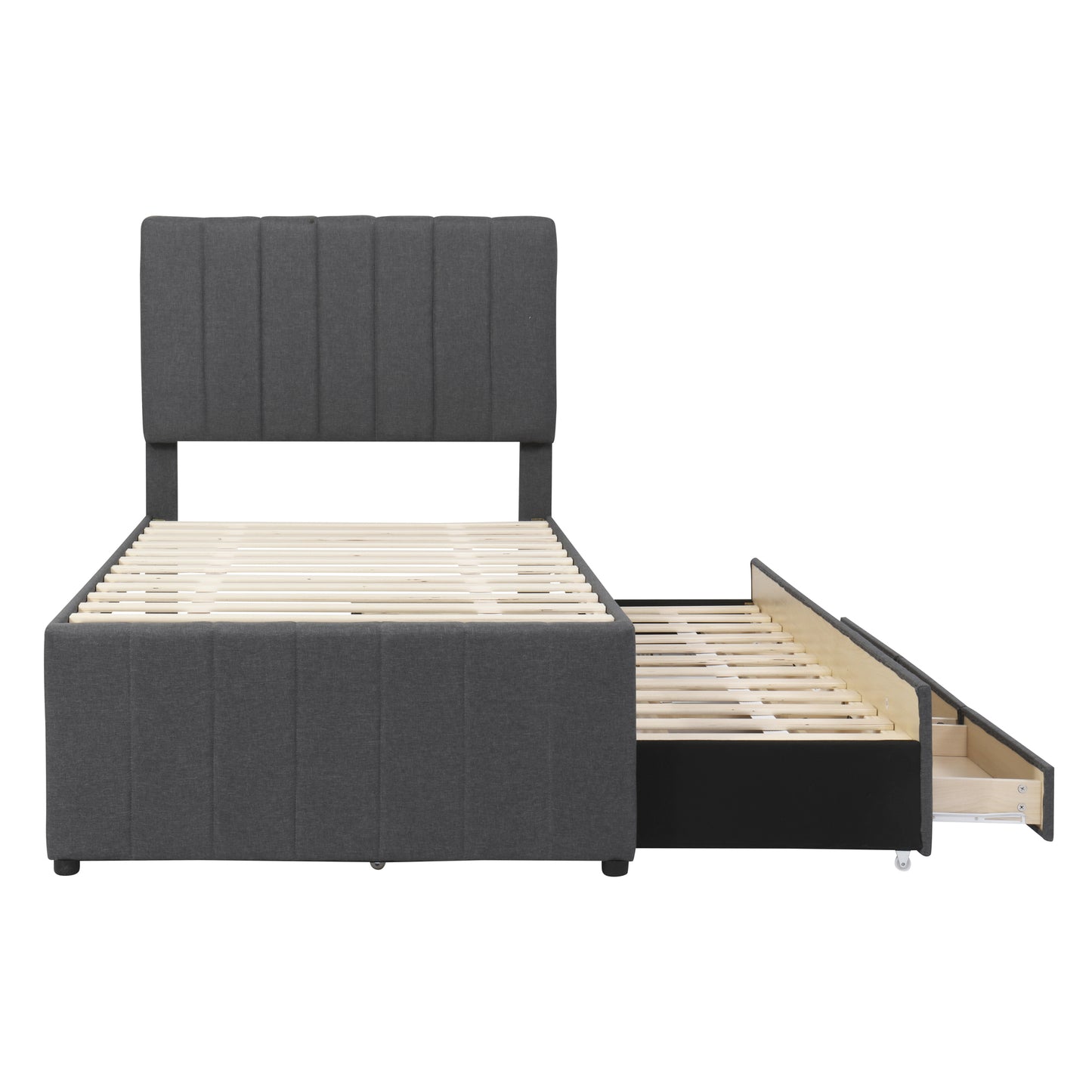 Dark gray upholstered twin bed frame with a pullout trundle bed