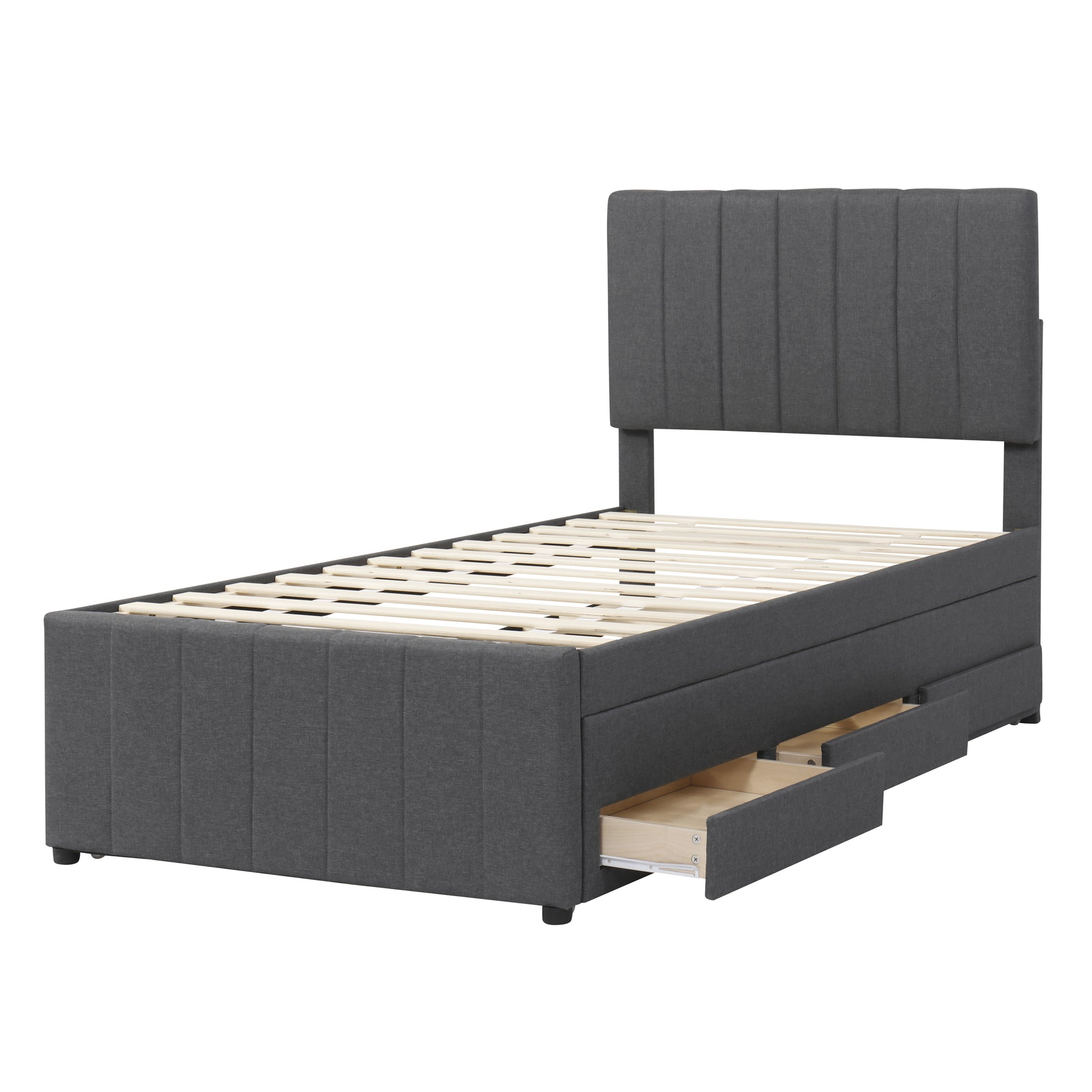 Upholstered twin bed frame in charcoal gray fabric with three storage drawers