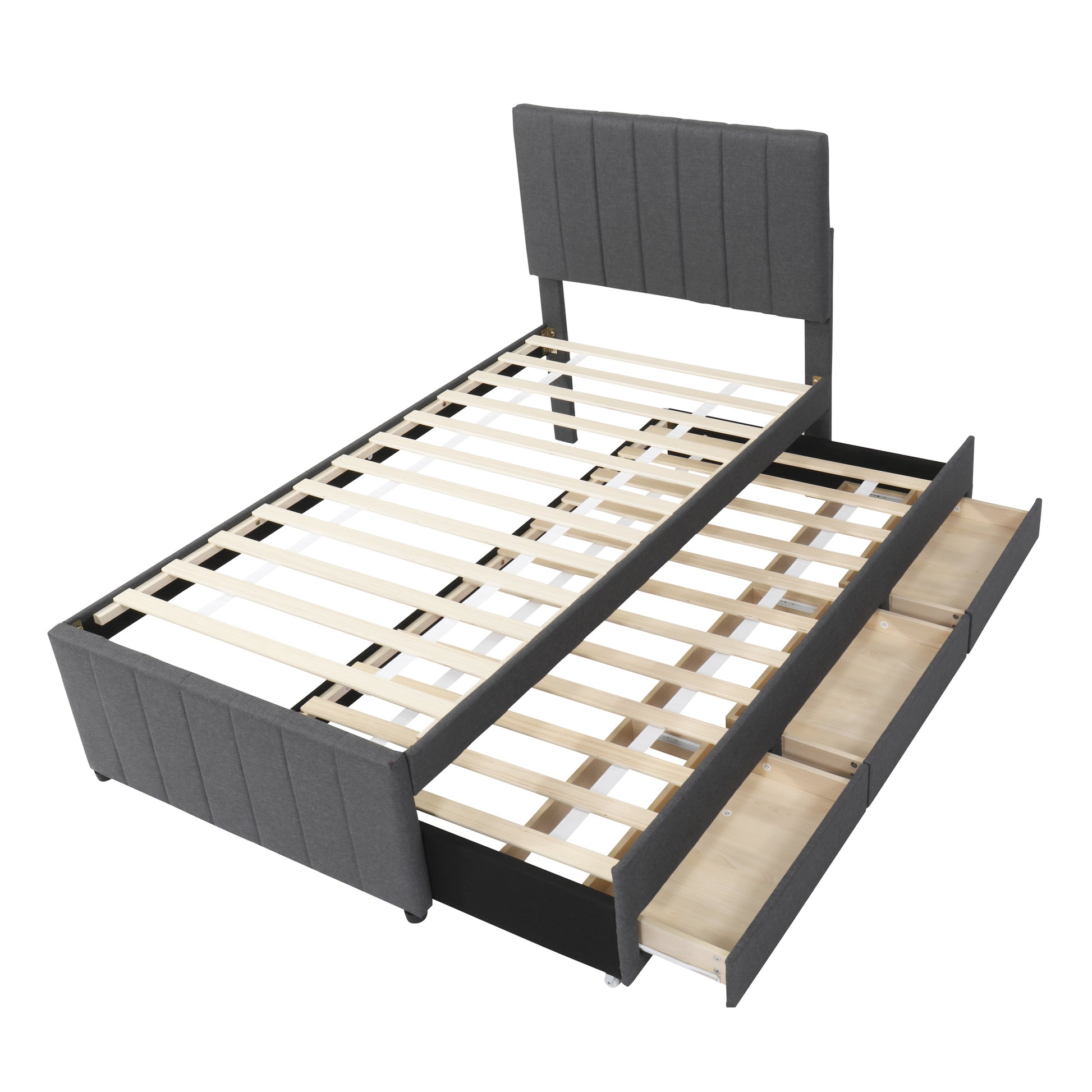 Dark gray upholstered platform bed frame with vertical tufting and storage drawers