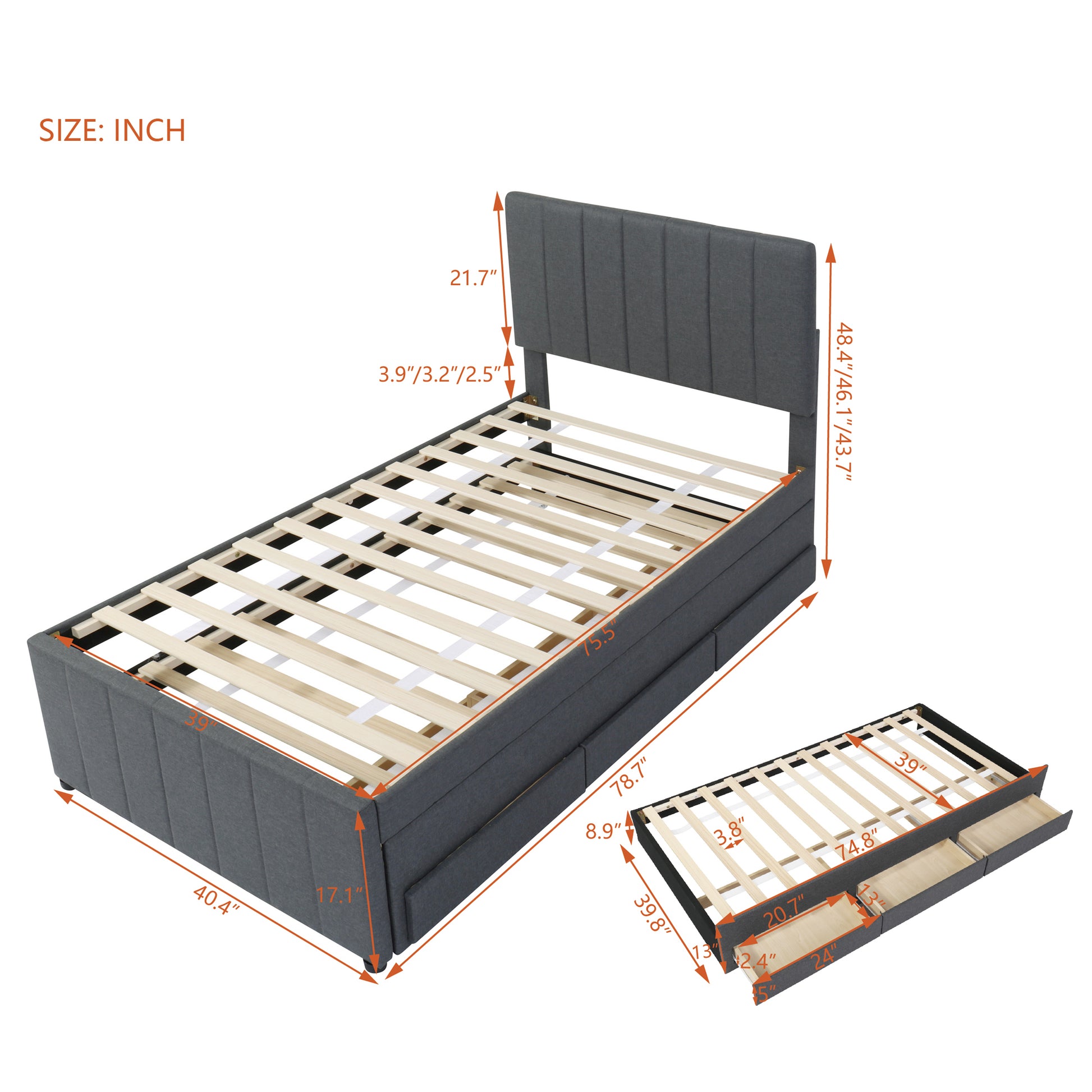 Gray upholstered twin bed frame with storage drawers and headboard dimensions