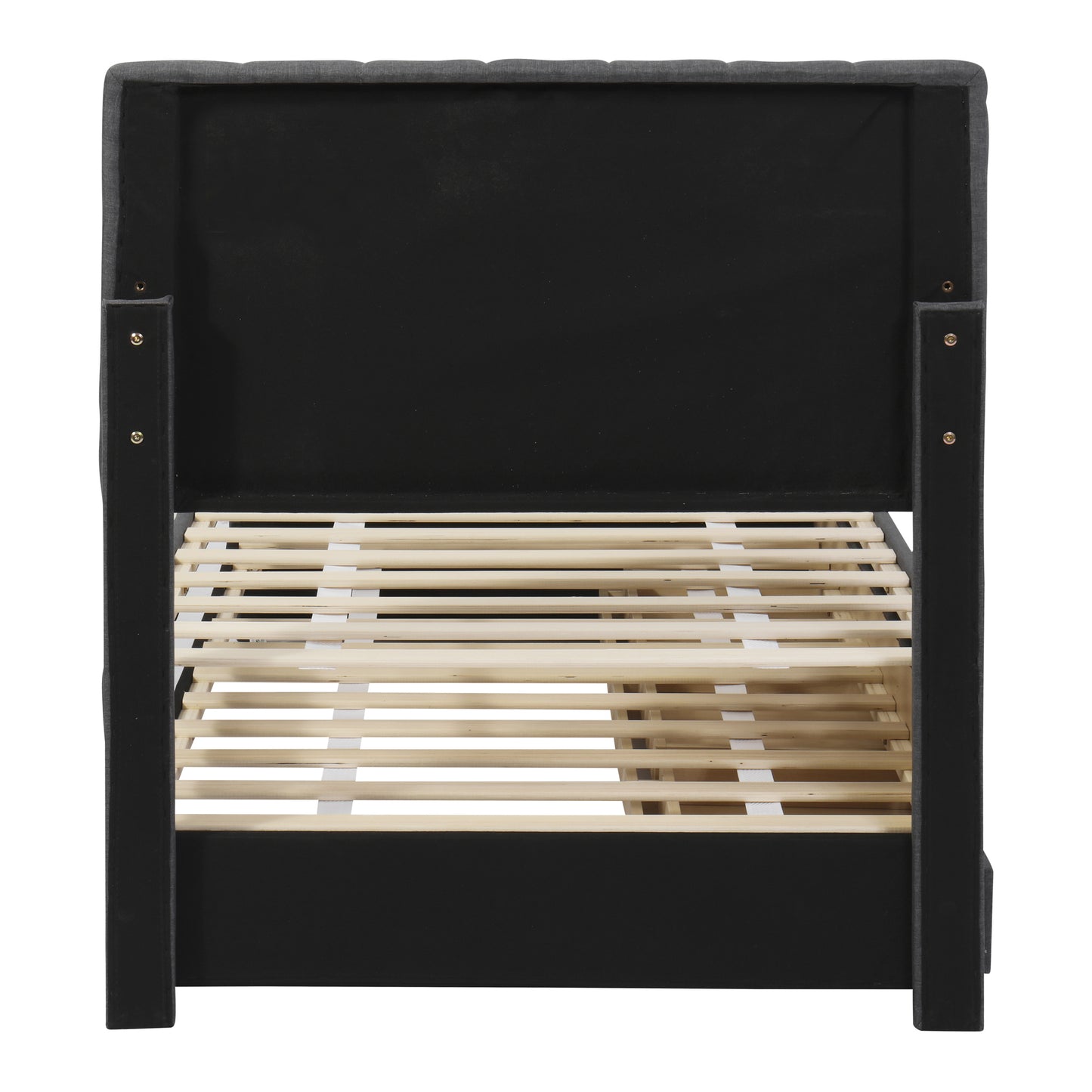 Dark grey tufted upholstered bed frame back view showing wooden slats