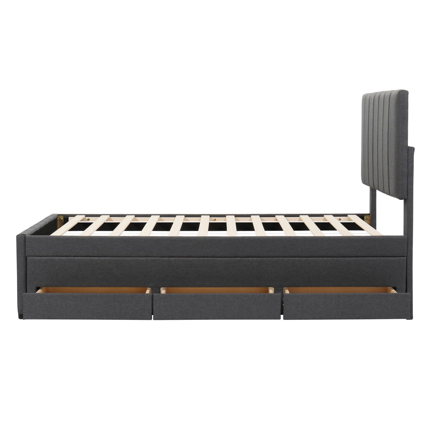 Dark grey upholstered bed frame with vertical tufted headboard and three storage drawers