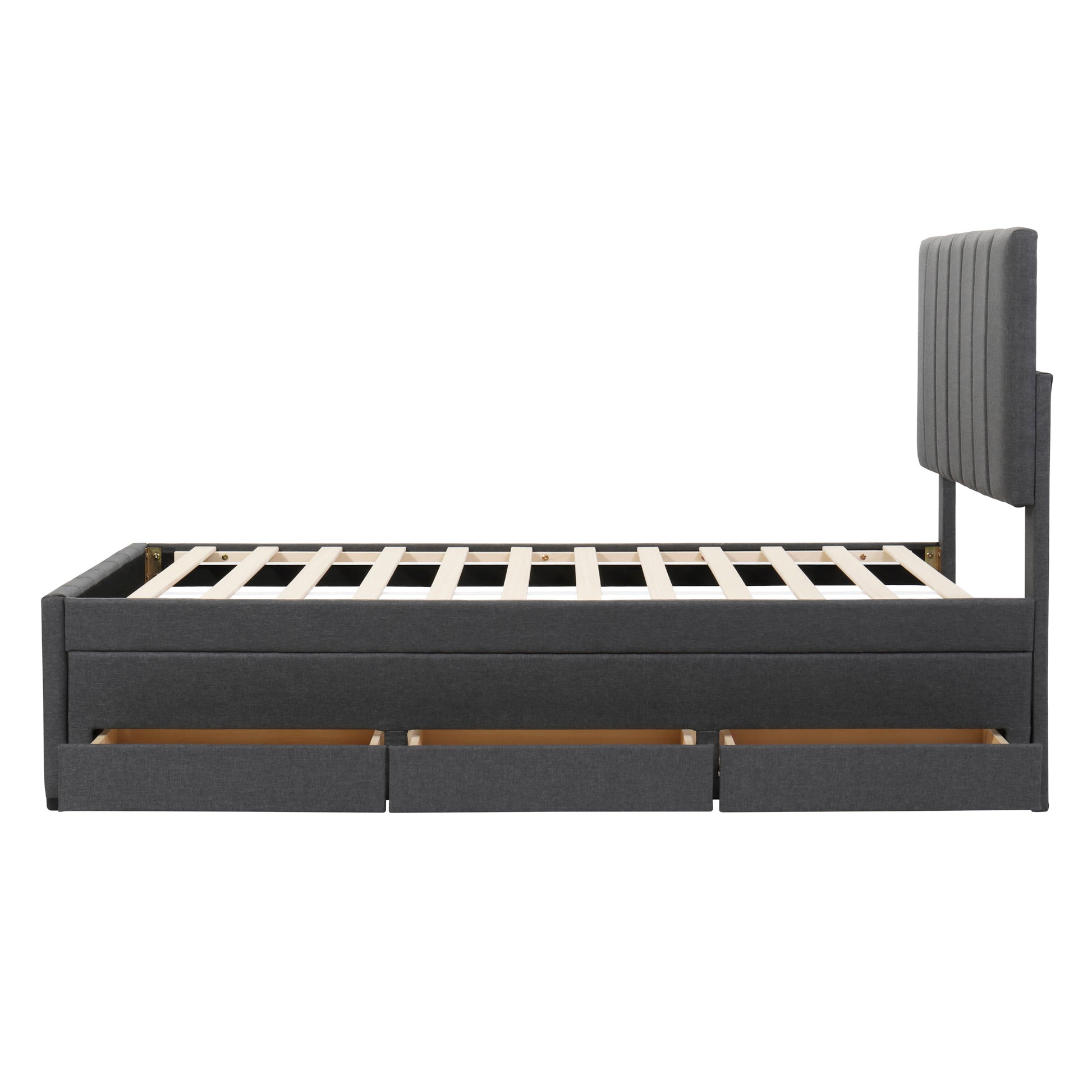 Dark grey upholstered bed frame with vertical tufted headboard and three storage drawers