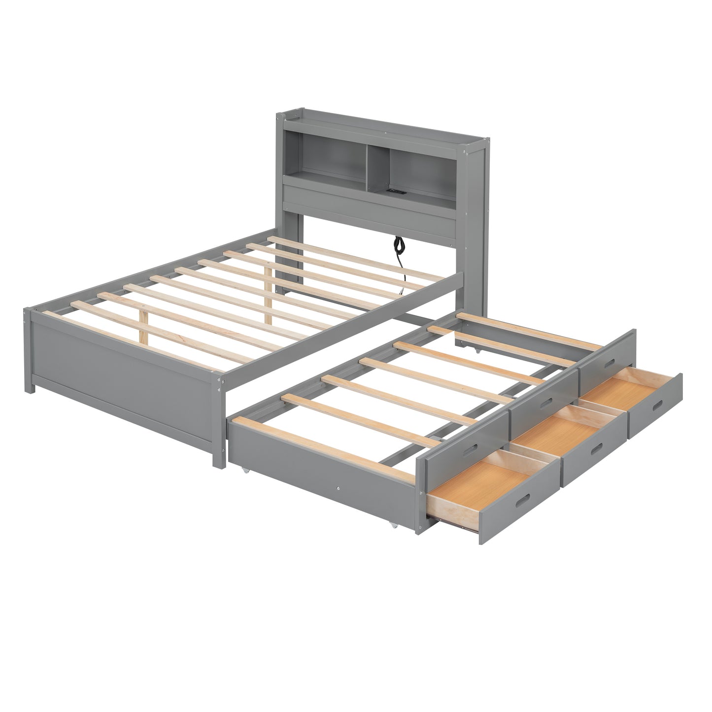 Gray wood twin bed frame with builtin storage drawers and bookcase headboard