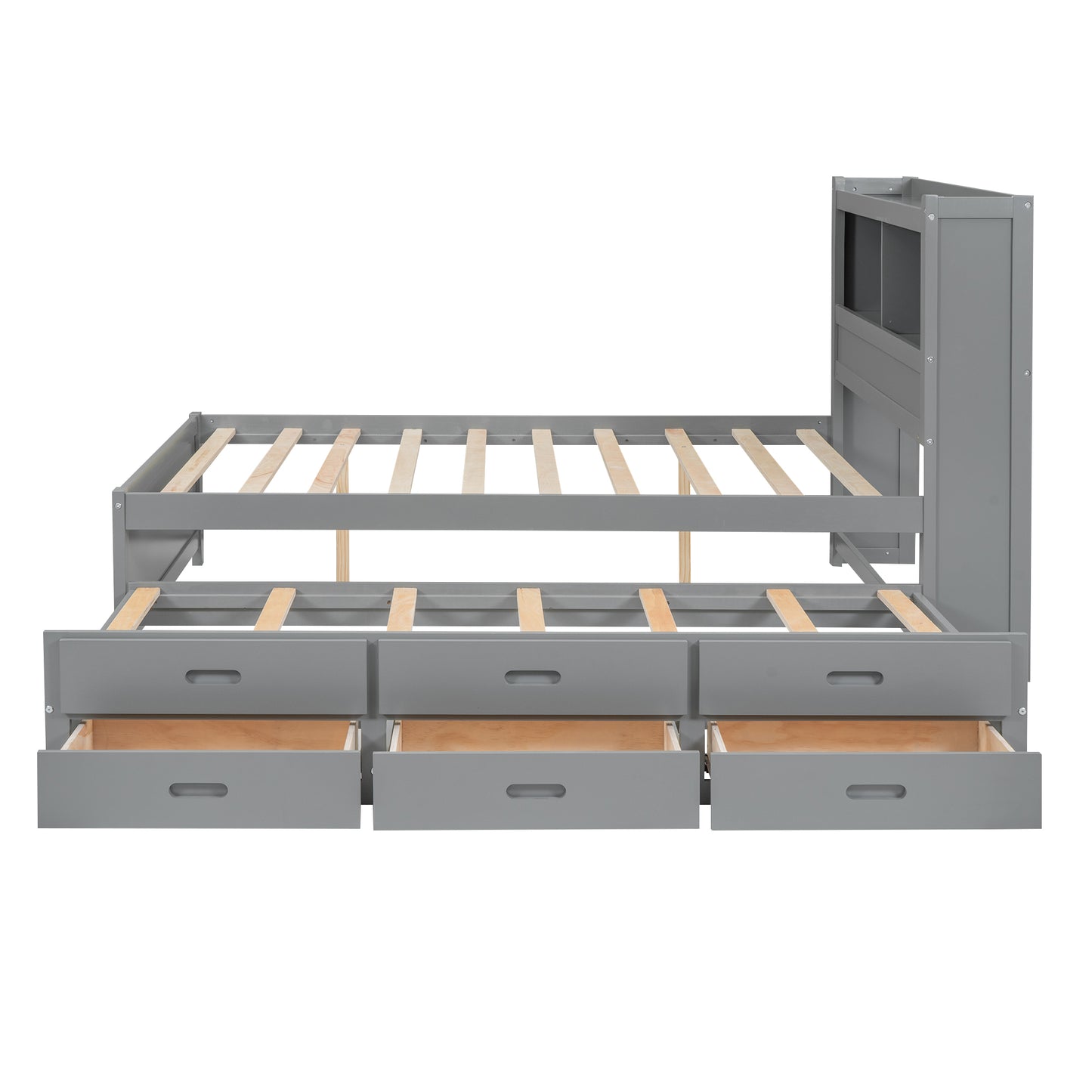 Gray wooden daybed frame with nine storage drawers