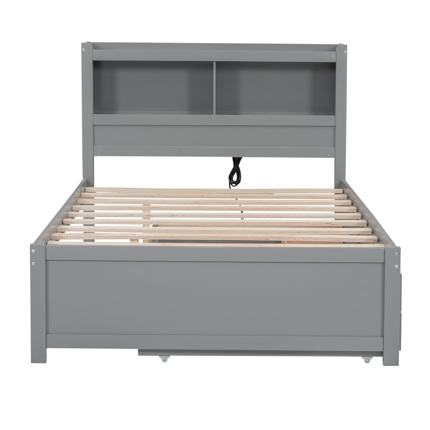 Gray twin bed frame with builtin bookshelf headboard and wooden slats