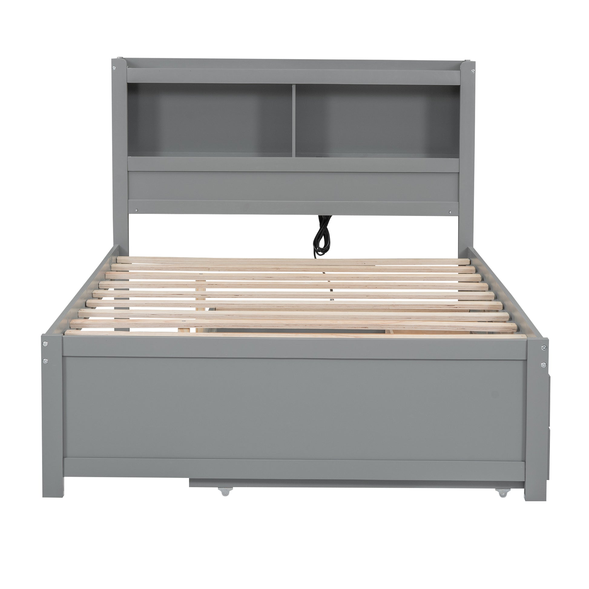 Gray twin bed frame with builtin bookshelf headboard and wooden slats