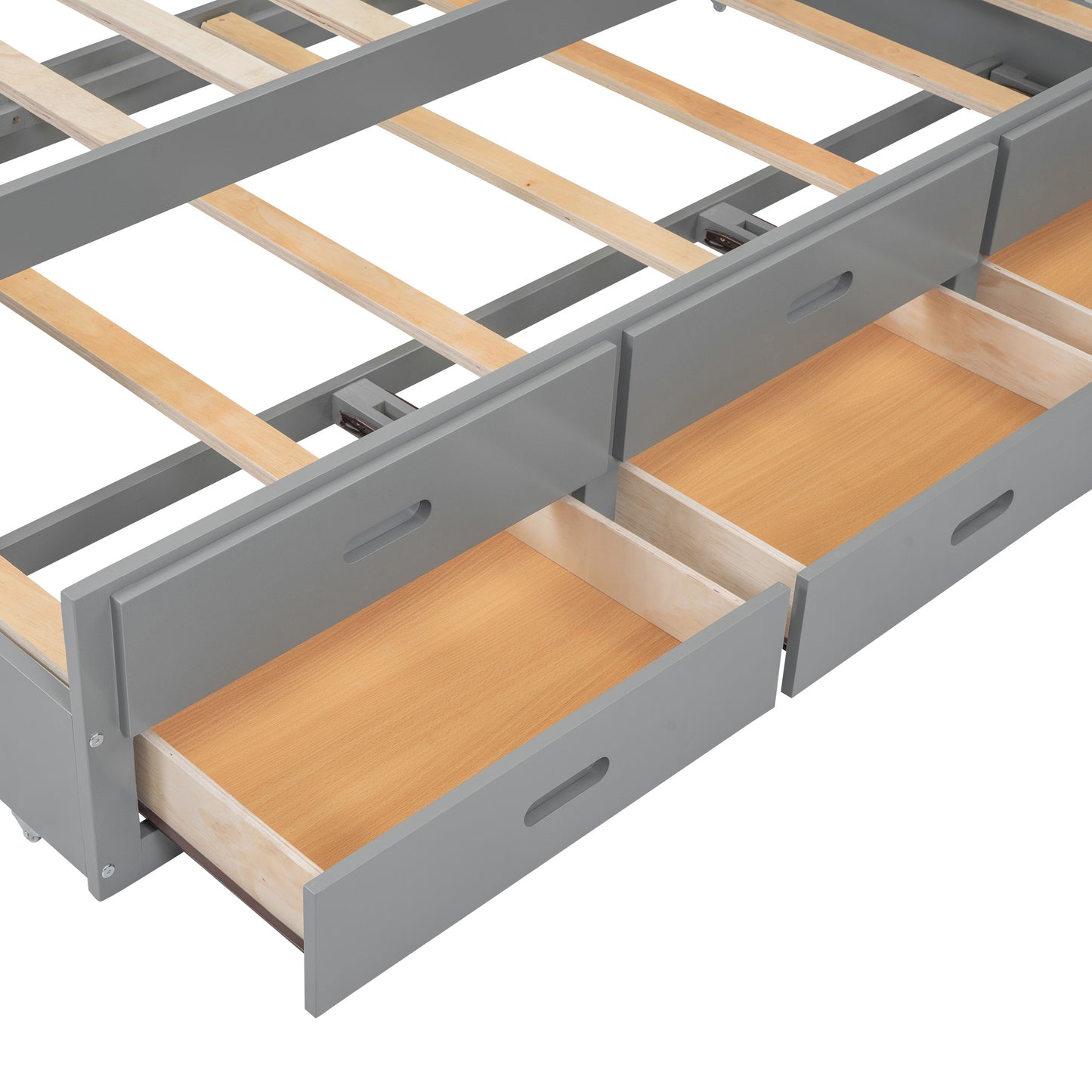 Gray twin bed frame with three pullout storage drawers and slatted wooden base