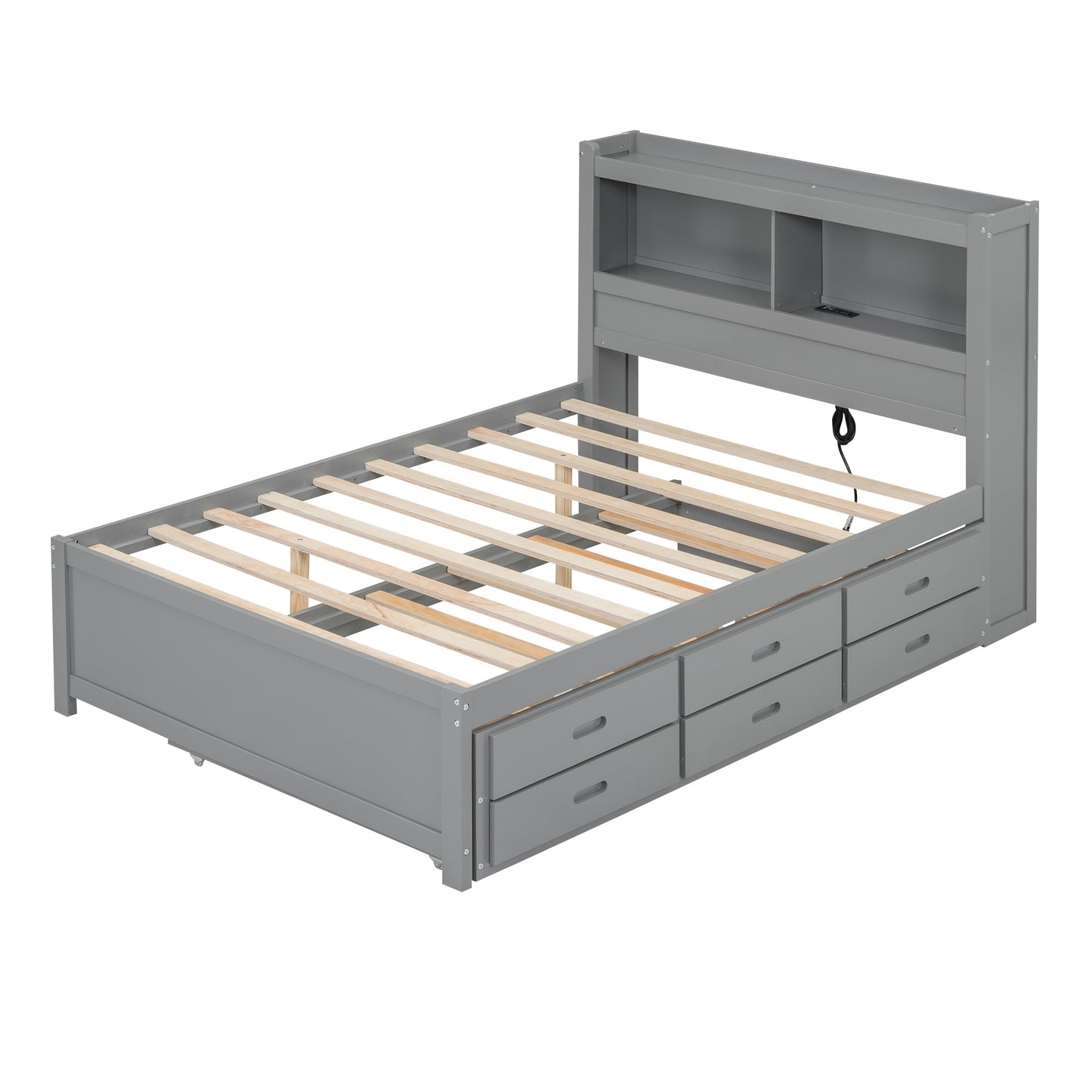 Gray twin bed frame with  drawers and bookcase headboard