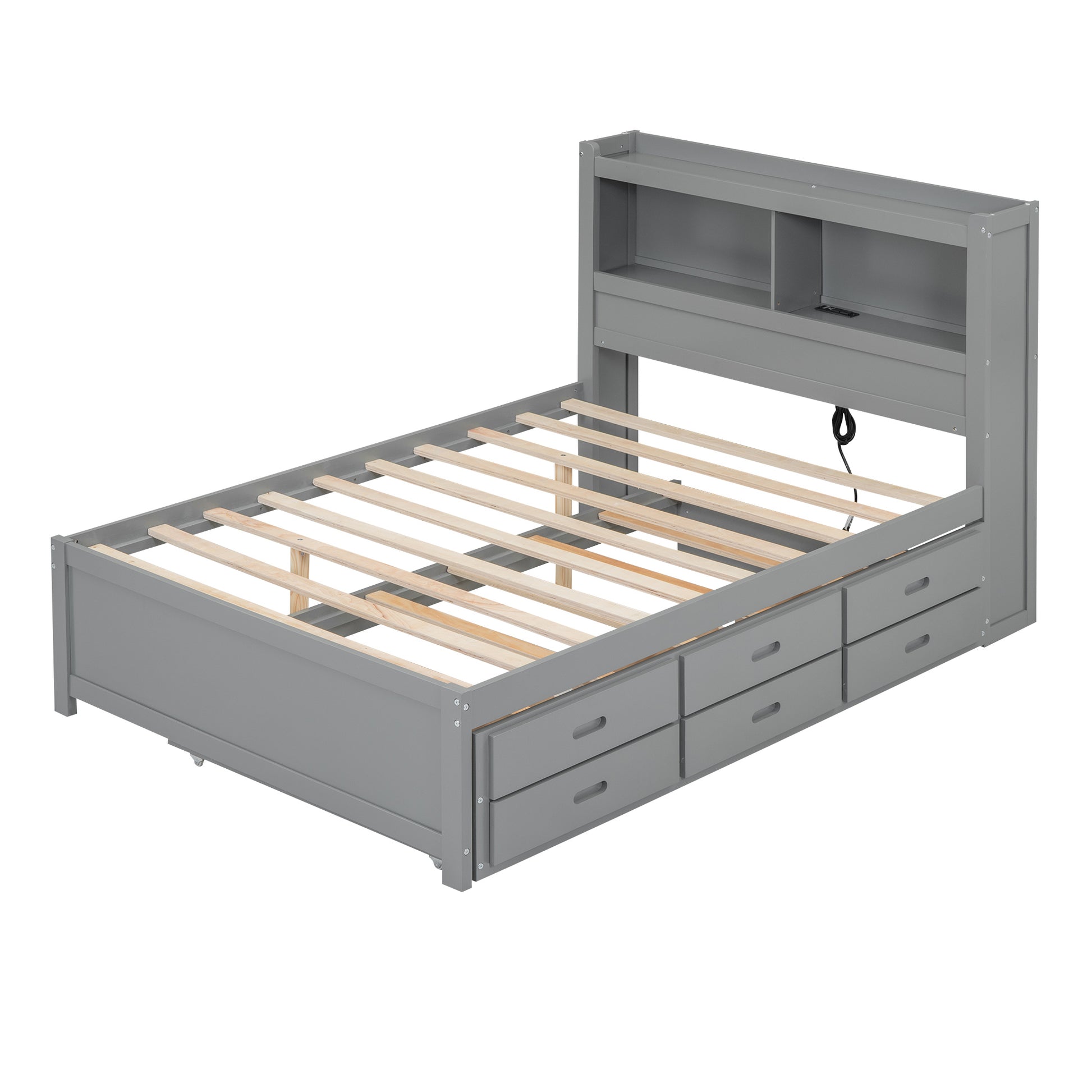 Gray twin bed frame with  drawers and bookcase headboard