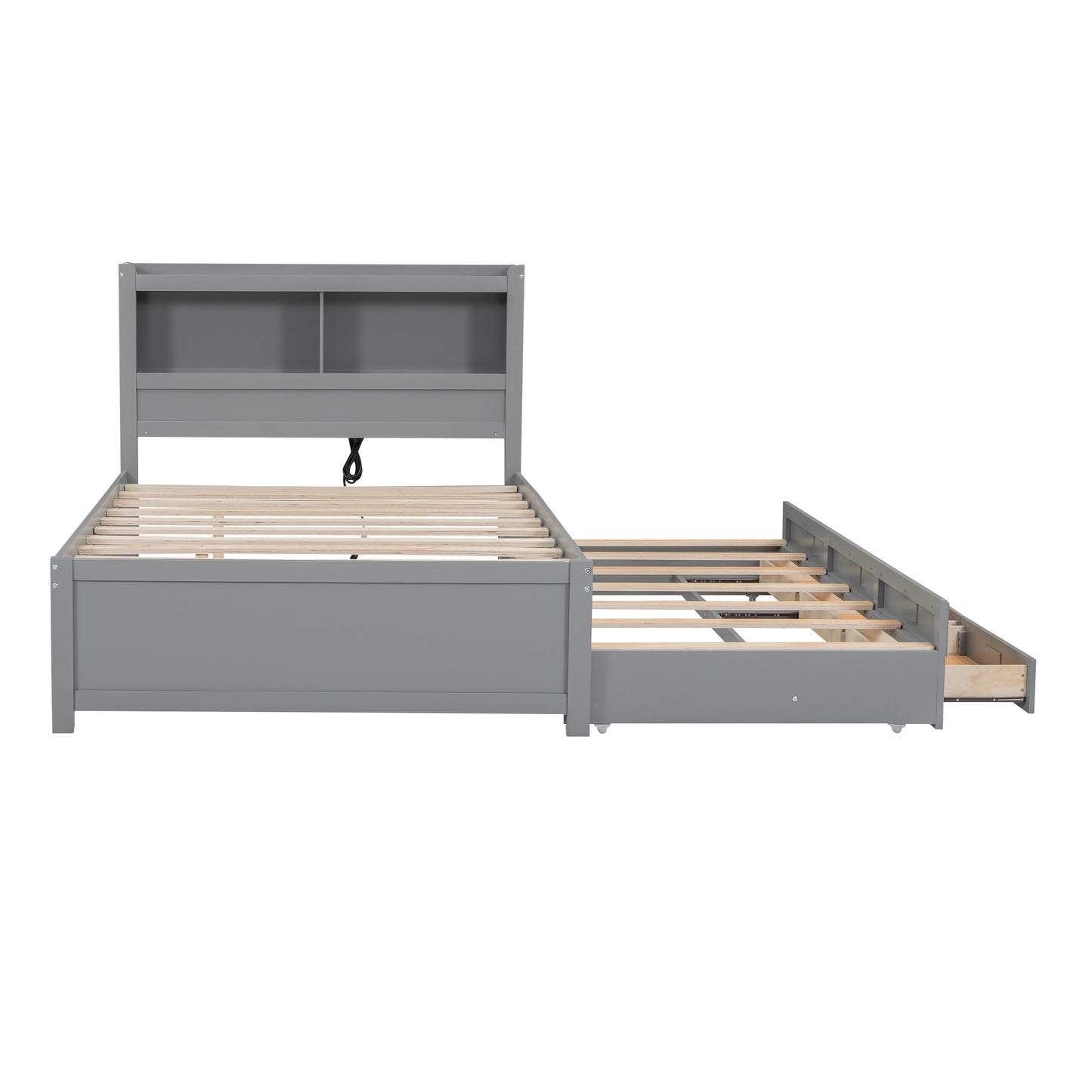 Gray twin captain bed frame with builtin bookshelf and pullout trundle