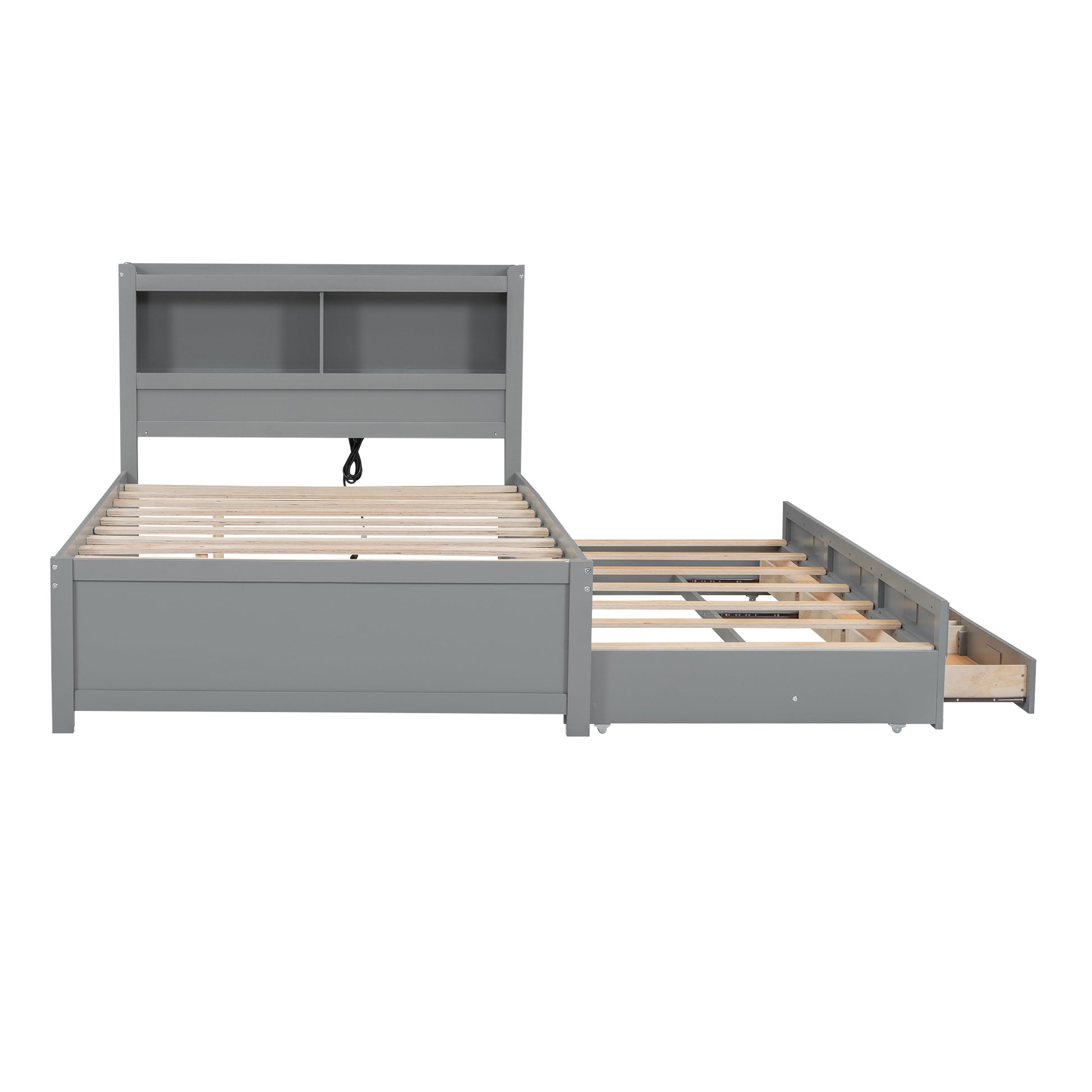Gray twin captain bed frame with builtin bookshelf and pullout trundle