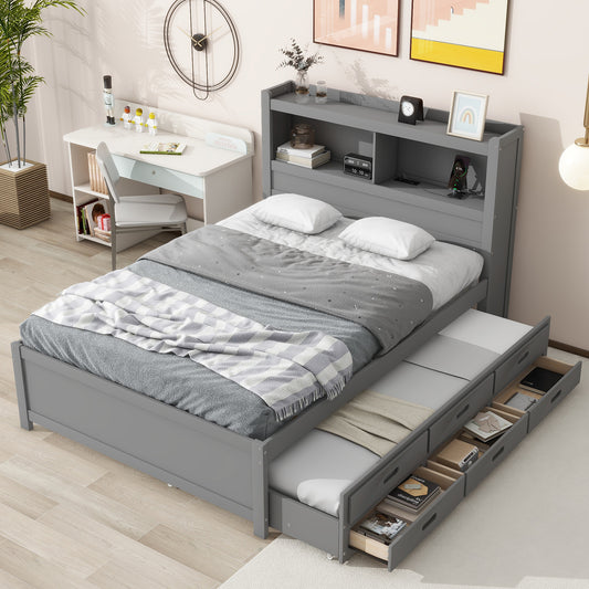Gray wood twin bed with trundle and drawers