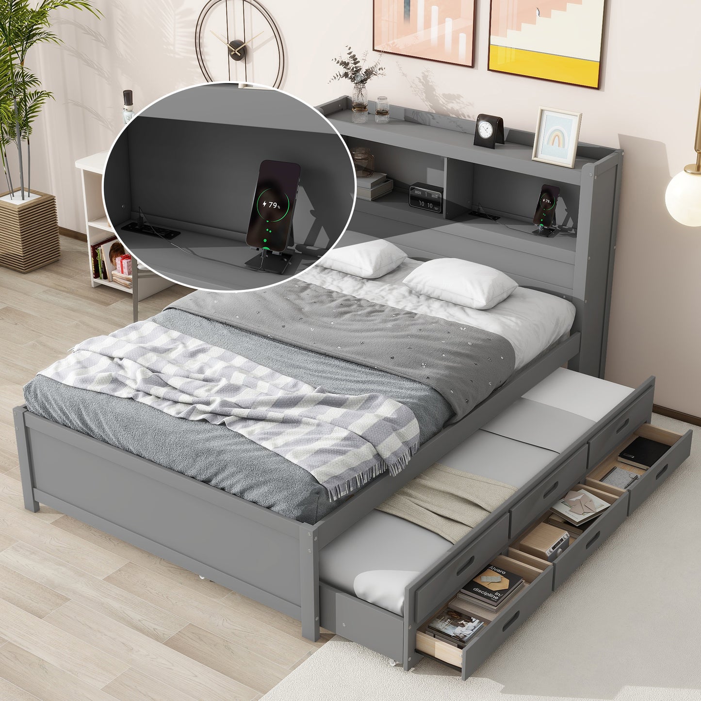 Gray twin bed frame with builtin USB ports and drawers