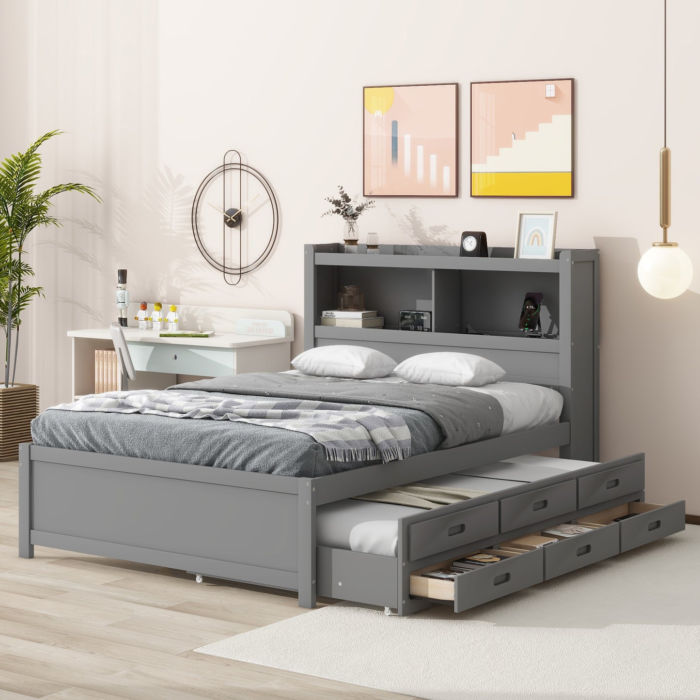 Gray twin bed with bookshelf headboard and pullout trundle bed