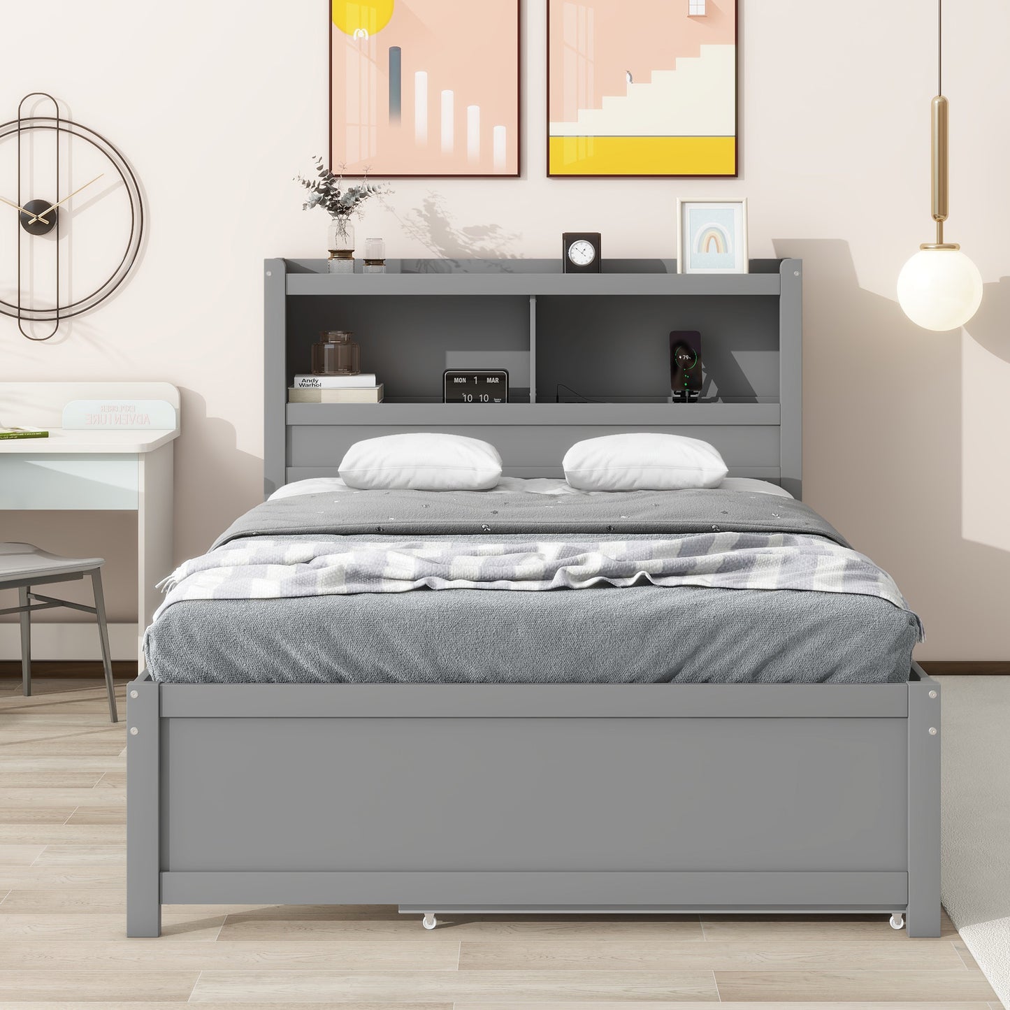 Gray twin bed with integrated headboard shelf for small rooms