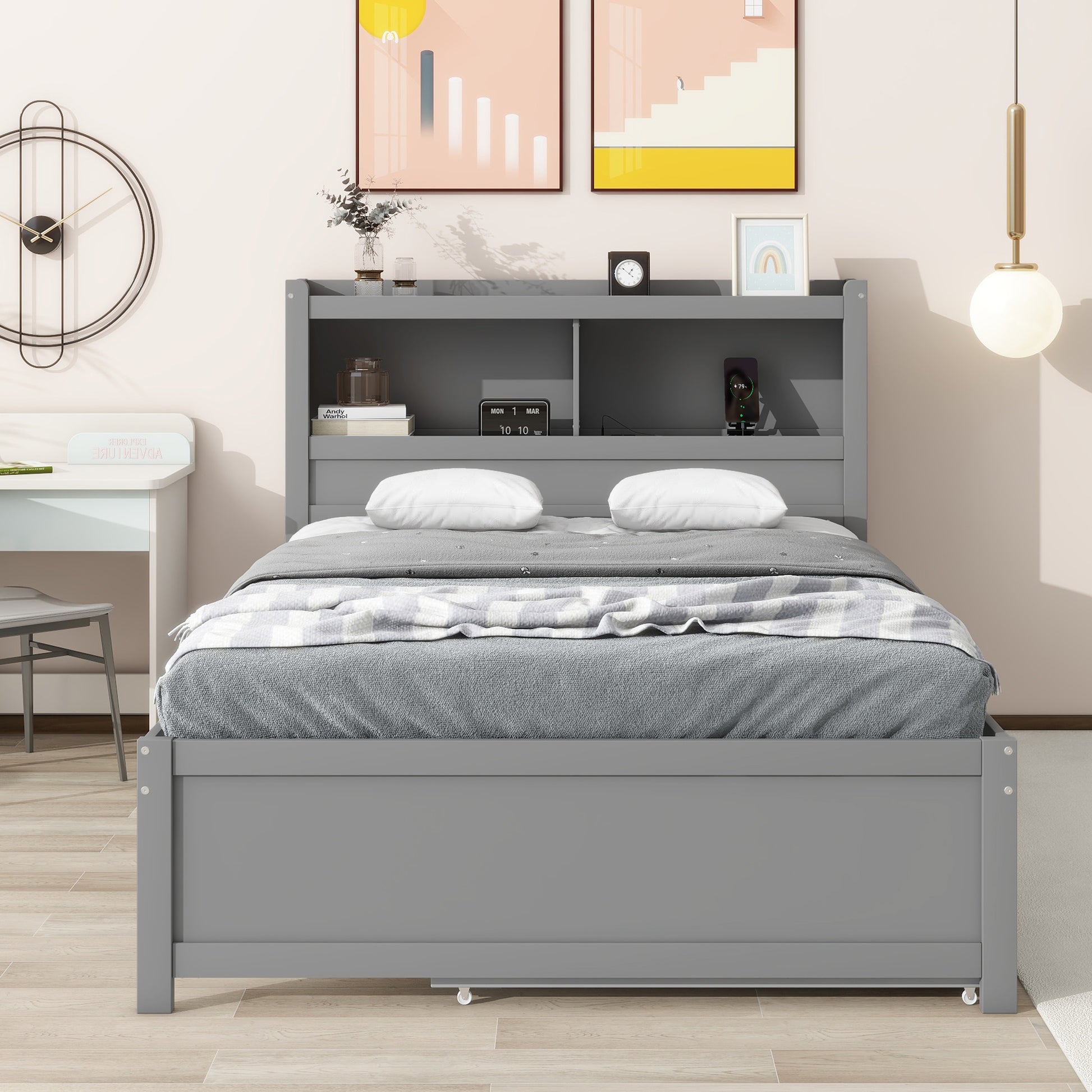 Gray twin bed with integrated headboard shelf for small rooms