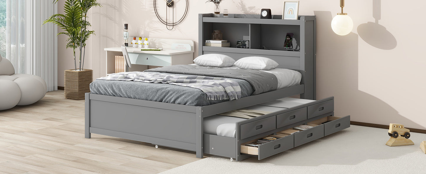Gray twin bed with trundle and storage drawers
