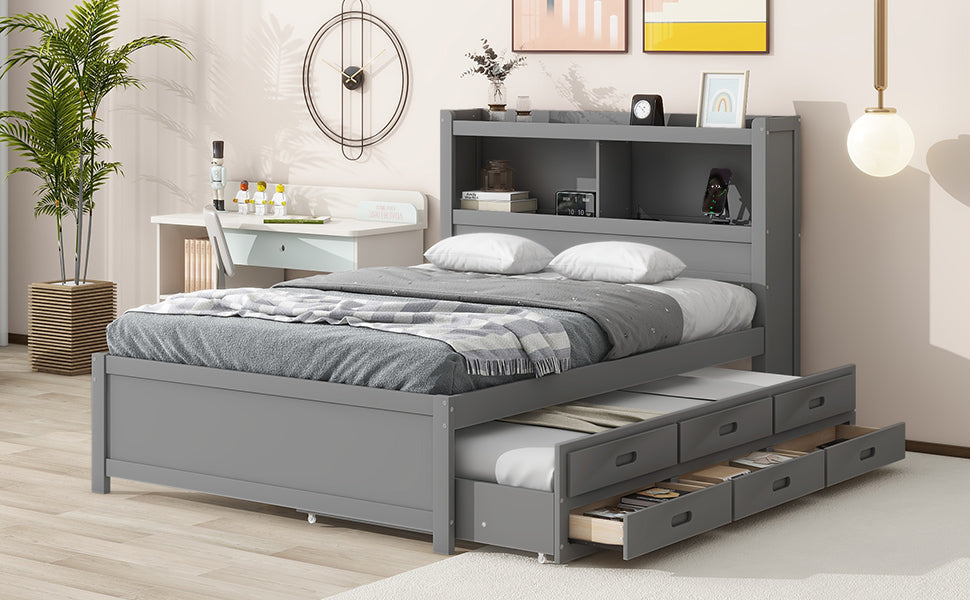 Gray wooden twin bed with pullout trundle and builtin bookshelf headboard