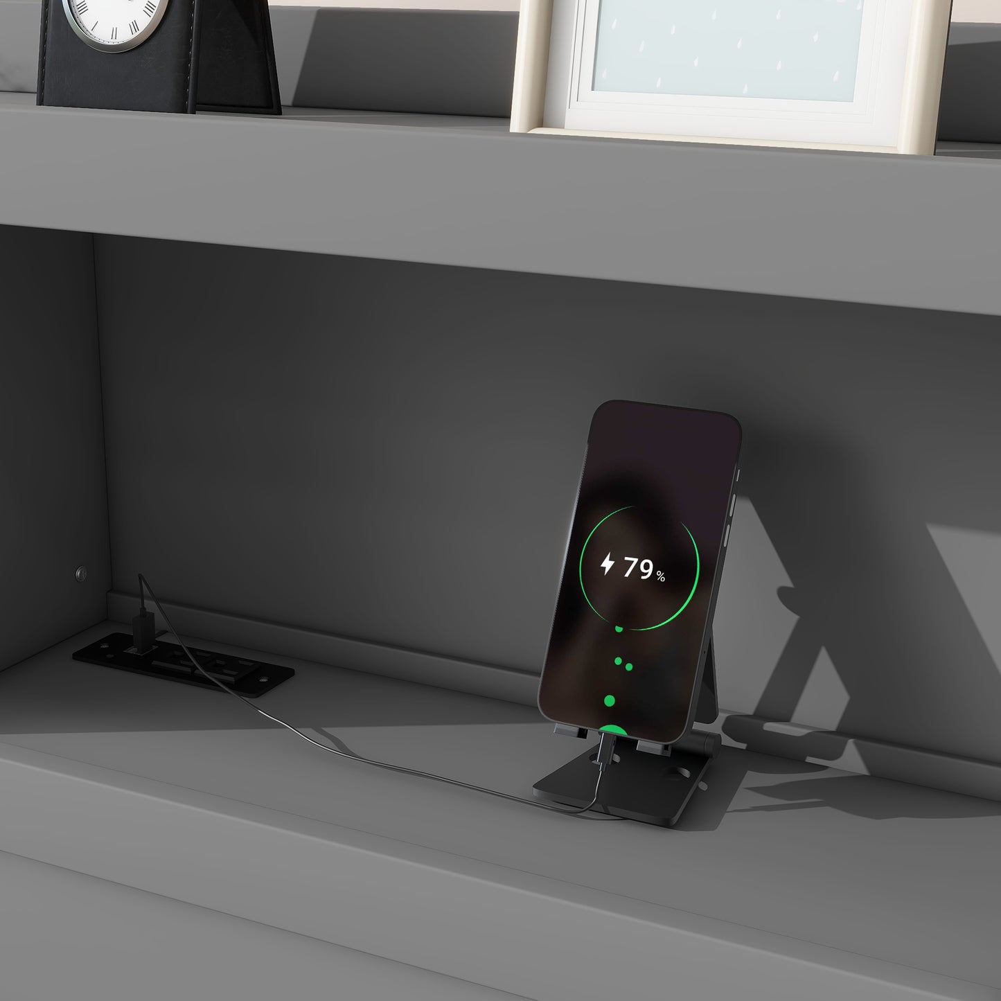 Black charging stand holding iPhone  Pro charging at