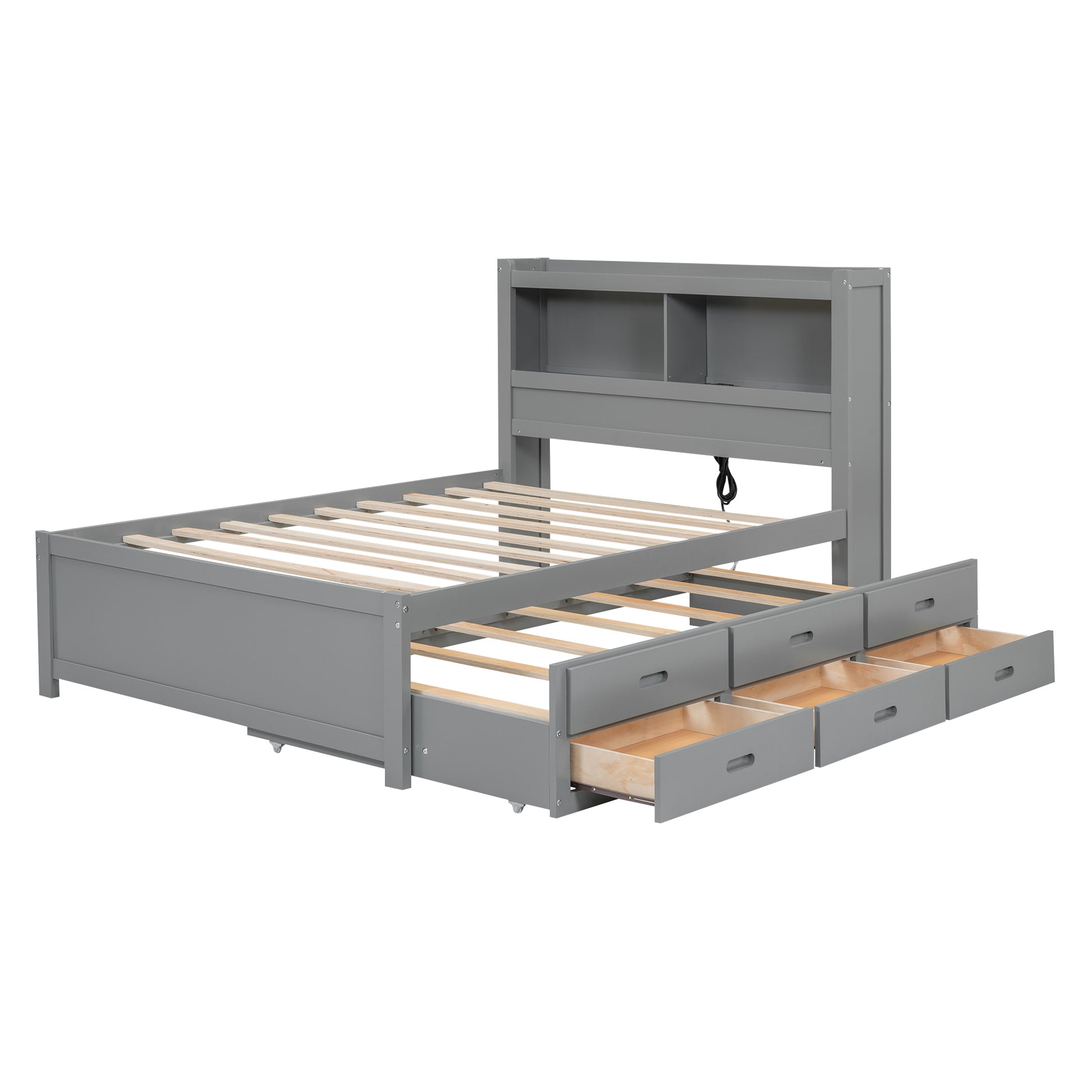 Grey wooden bed frame with integrated bookshelf headboard and six storage drawers