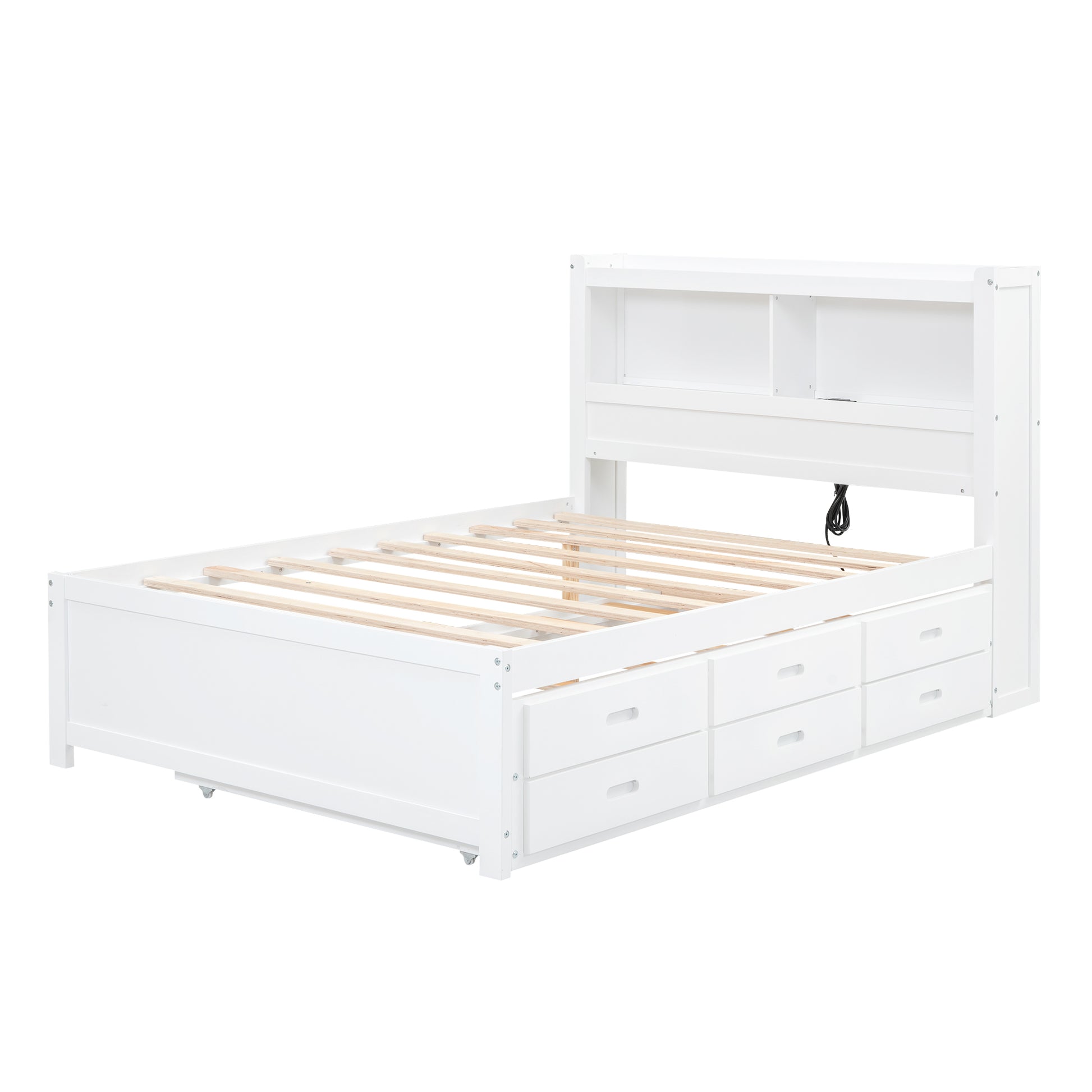 White wooden storage bed frame with bookcase headboard and six drawers