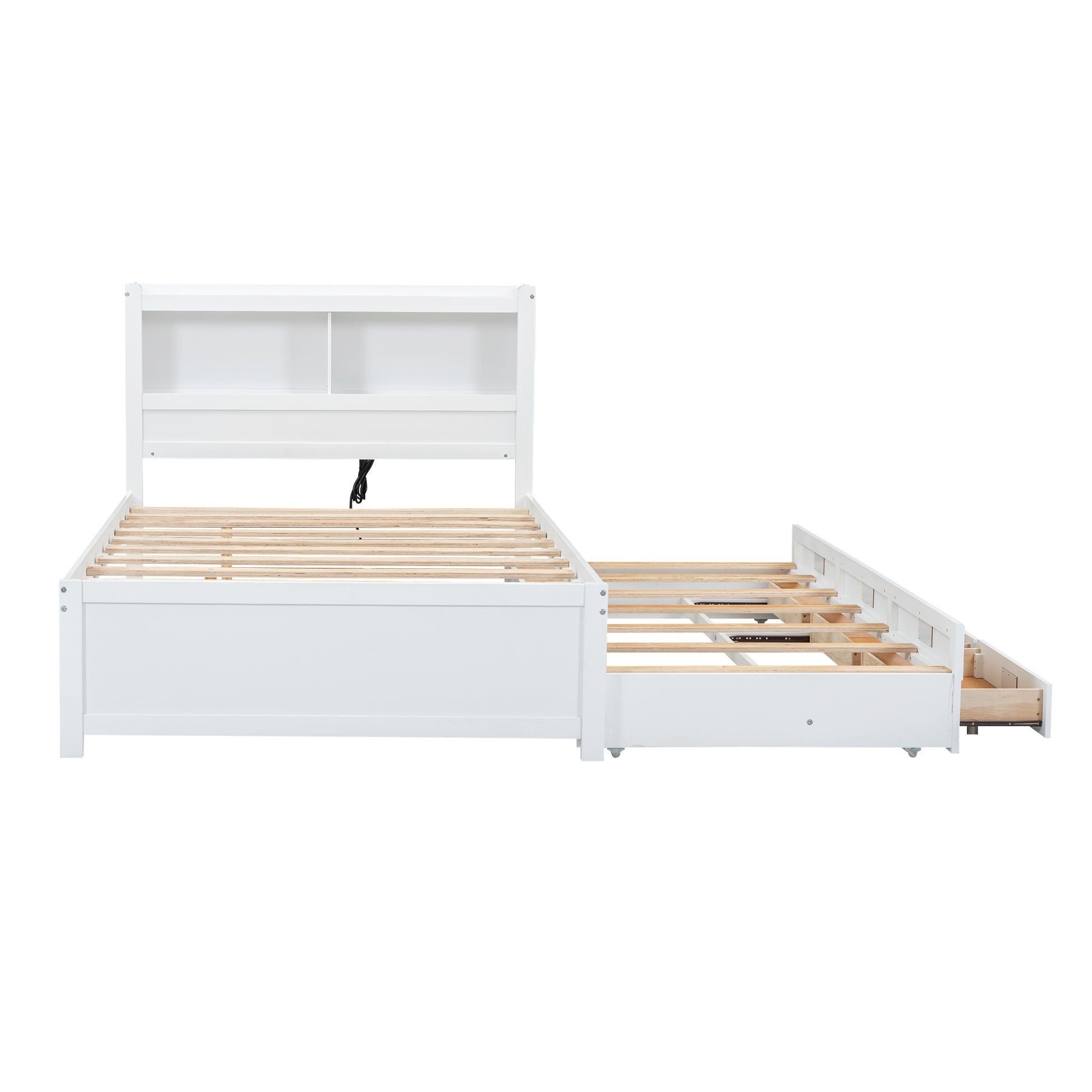 White wooden twin captain bed with attached bookcase headboard and open trundle drawer
