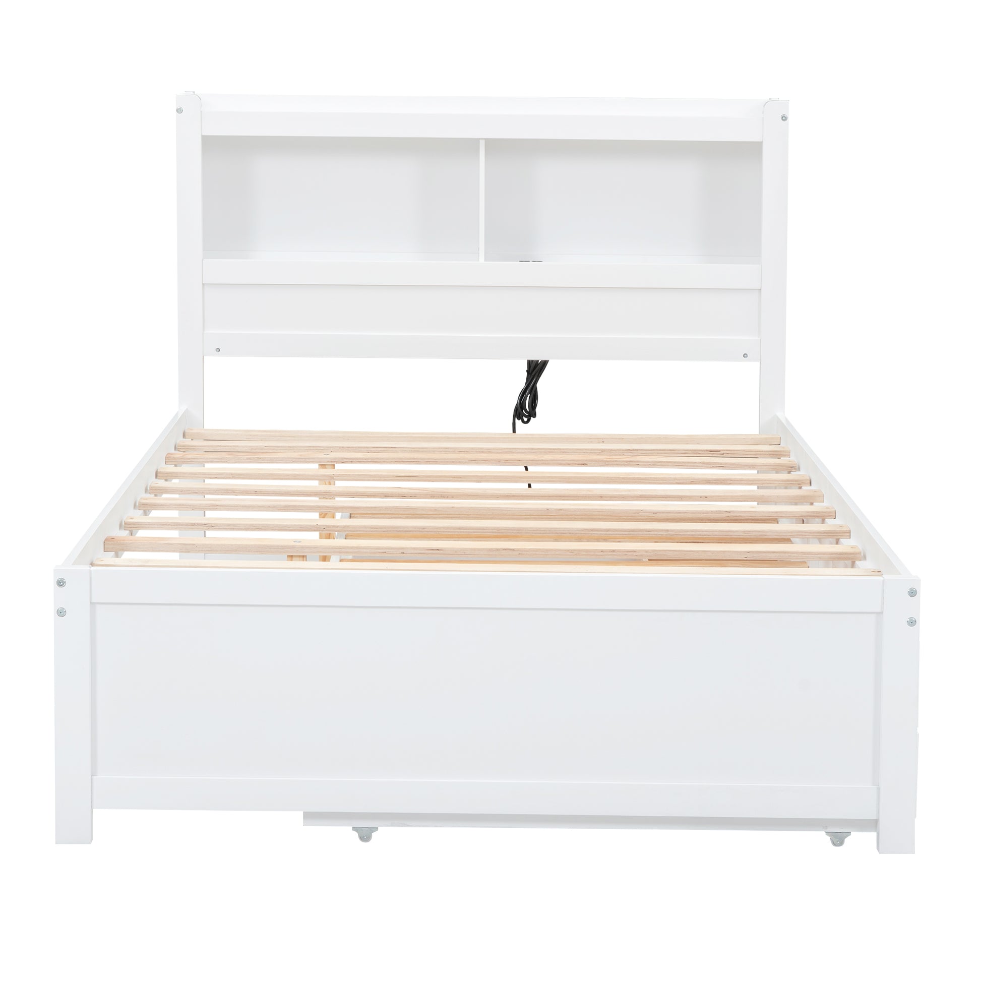 White wooden platform bed frame with bookshelf headboard