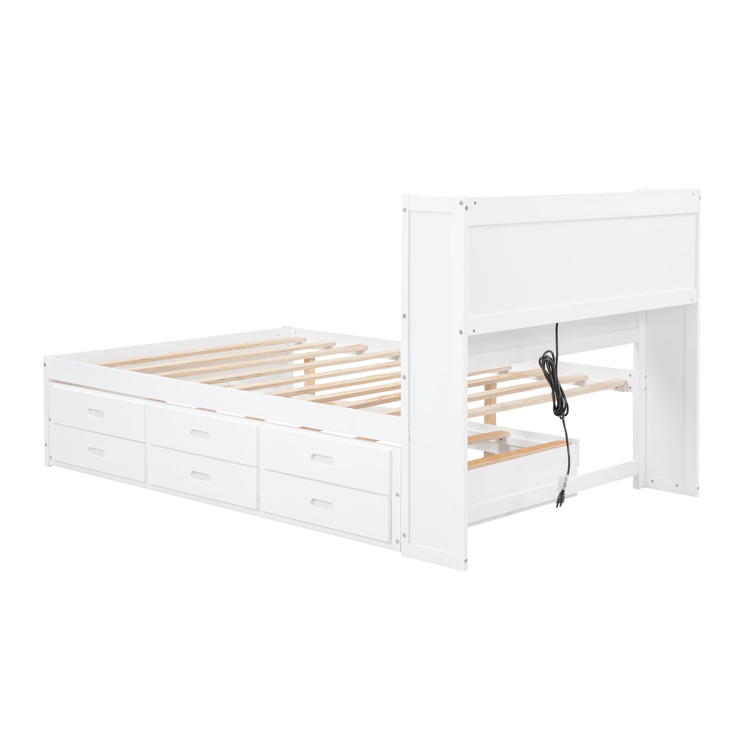 White wooden bed frame with six drawers and slatted base