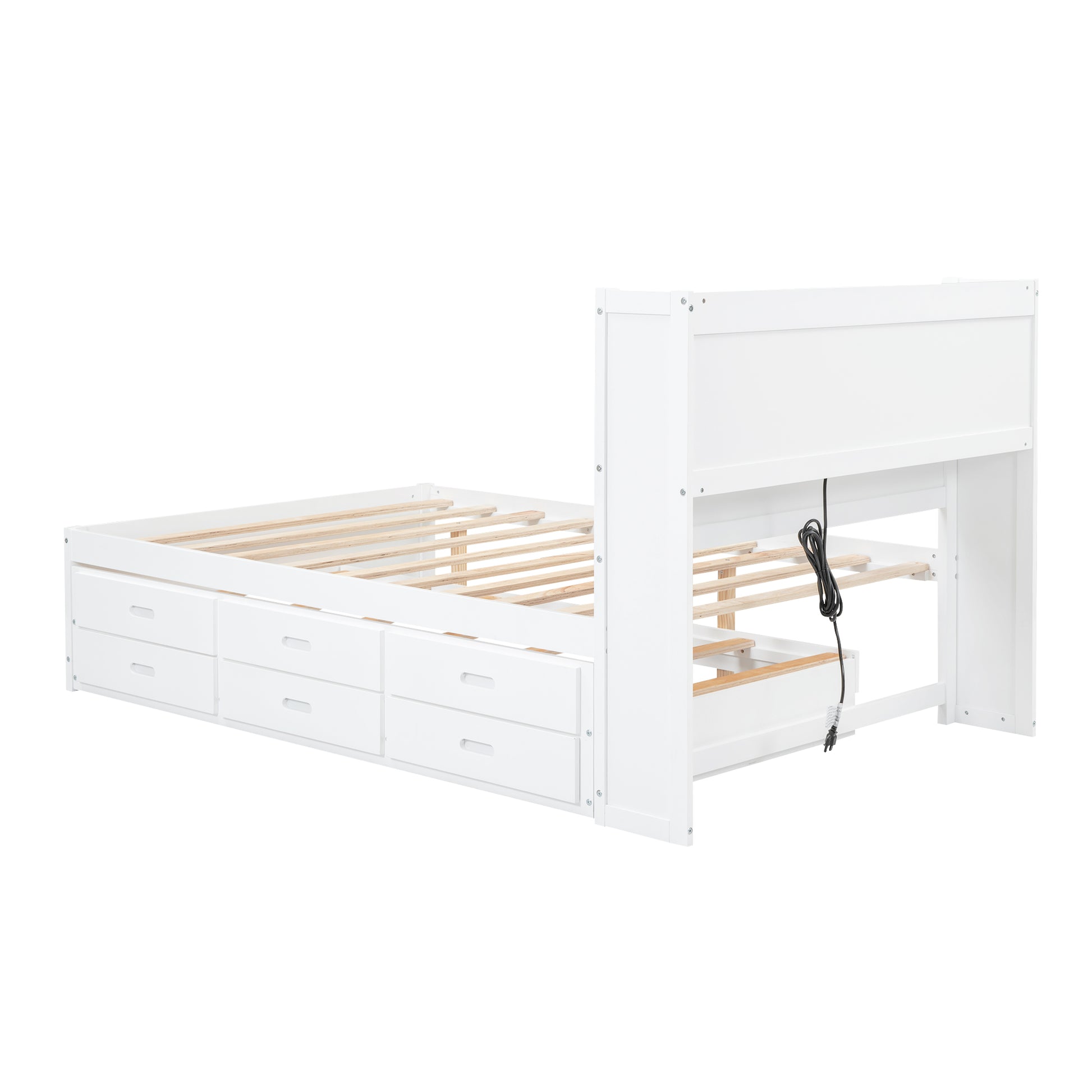 White wooden bed frame with six drawers and slatted base