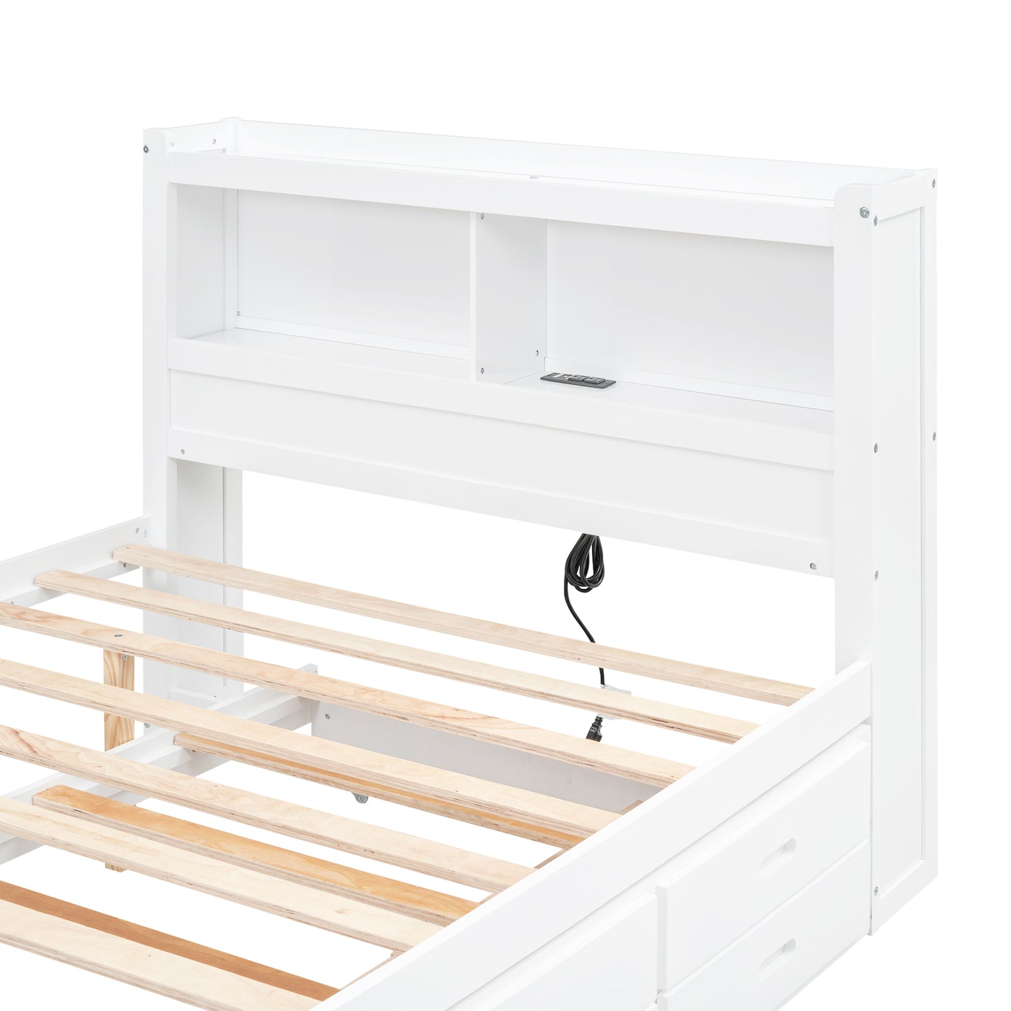 White twin bed frame with builtin storage drawers and headboard shelving