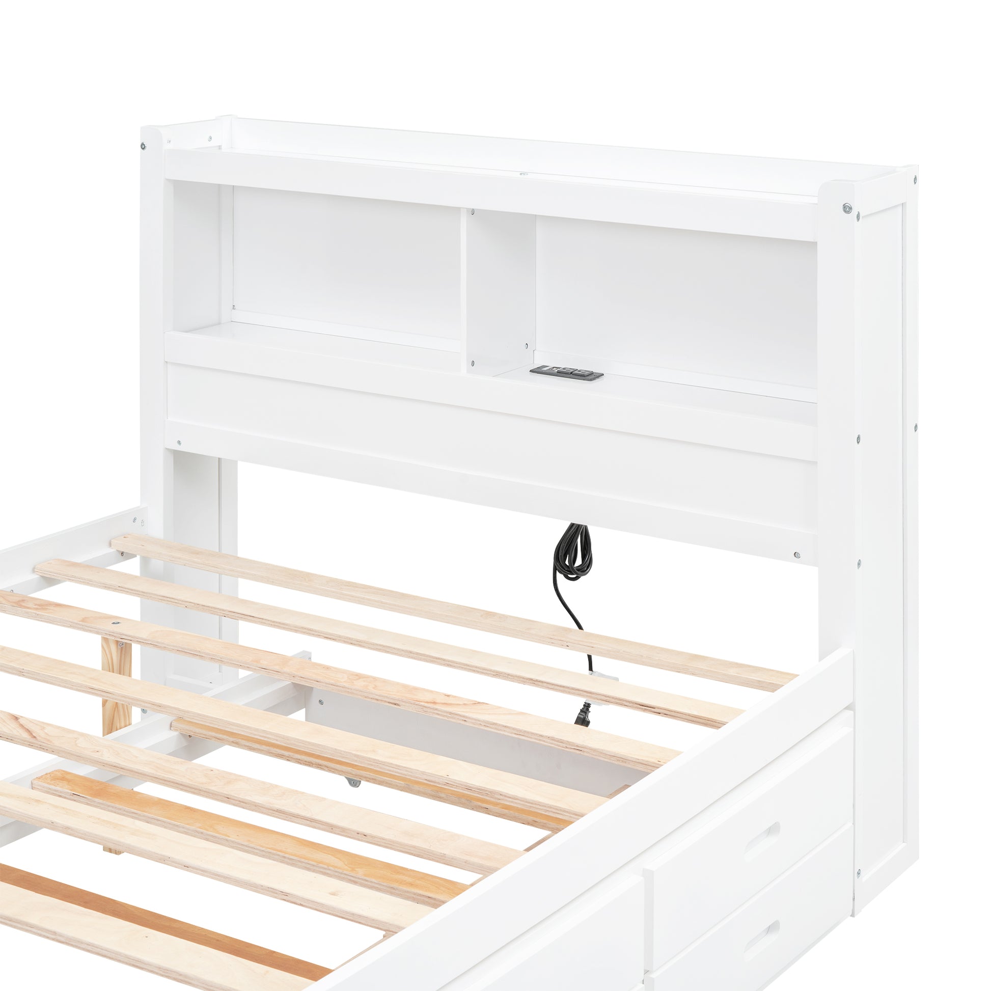 White twin bed frame with builtin storage drawers and headboard shelving