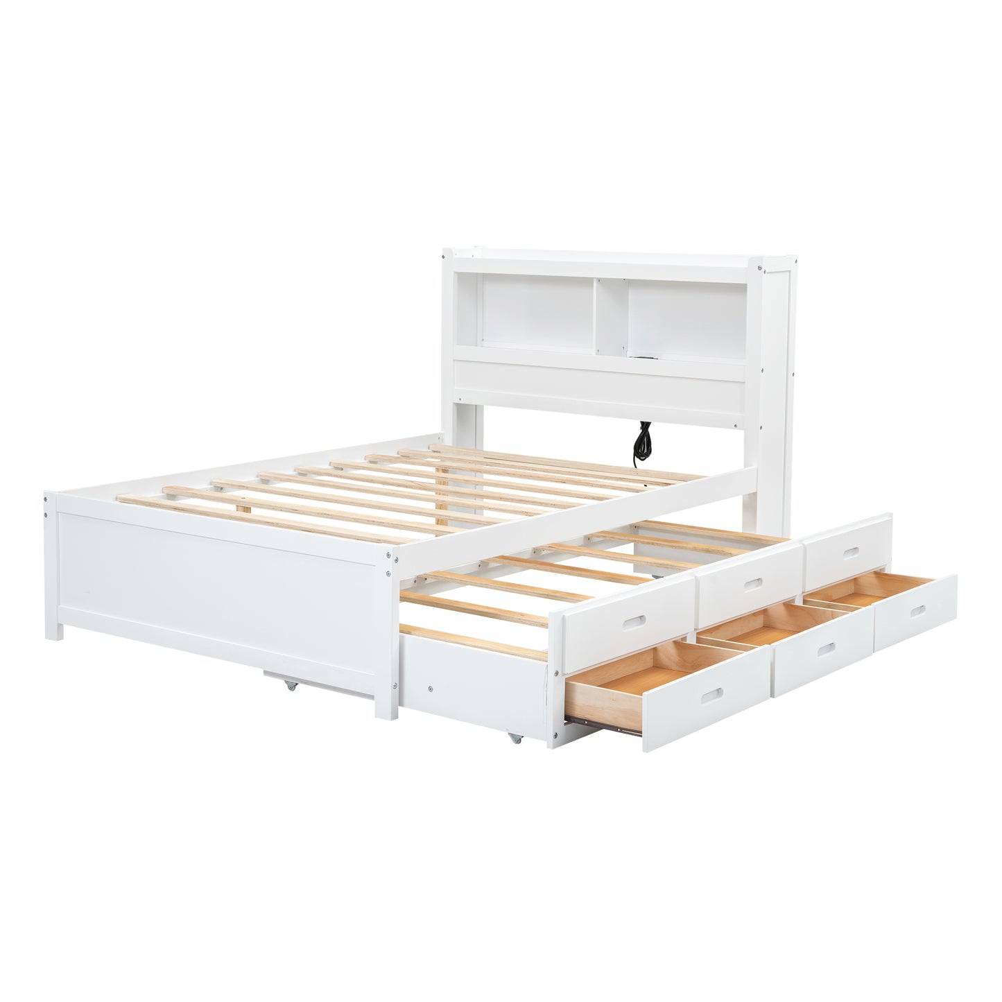 White wooden twin bed frame with bookcase headboard and six storage drawers