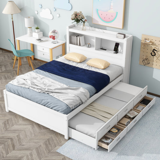 White twin bed with pullout trundle and storage drawers