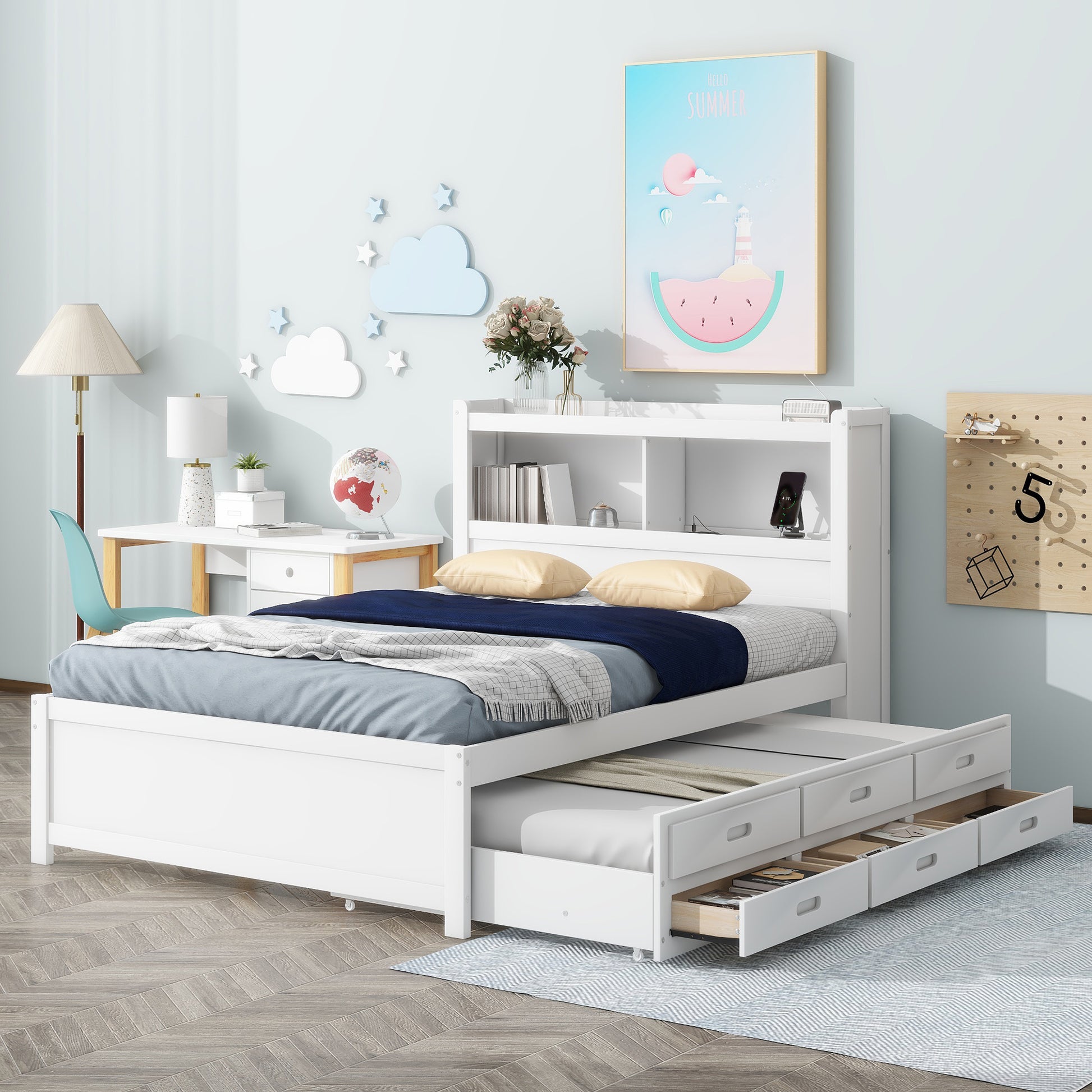 White twin bed frame with pullout trundle and builtin bookshelf